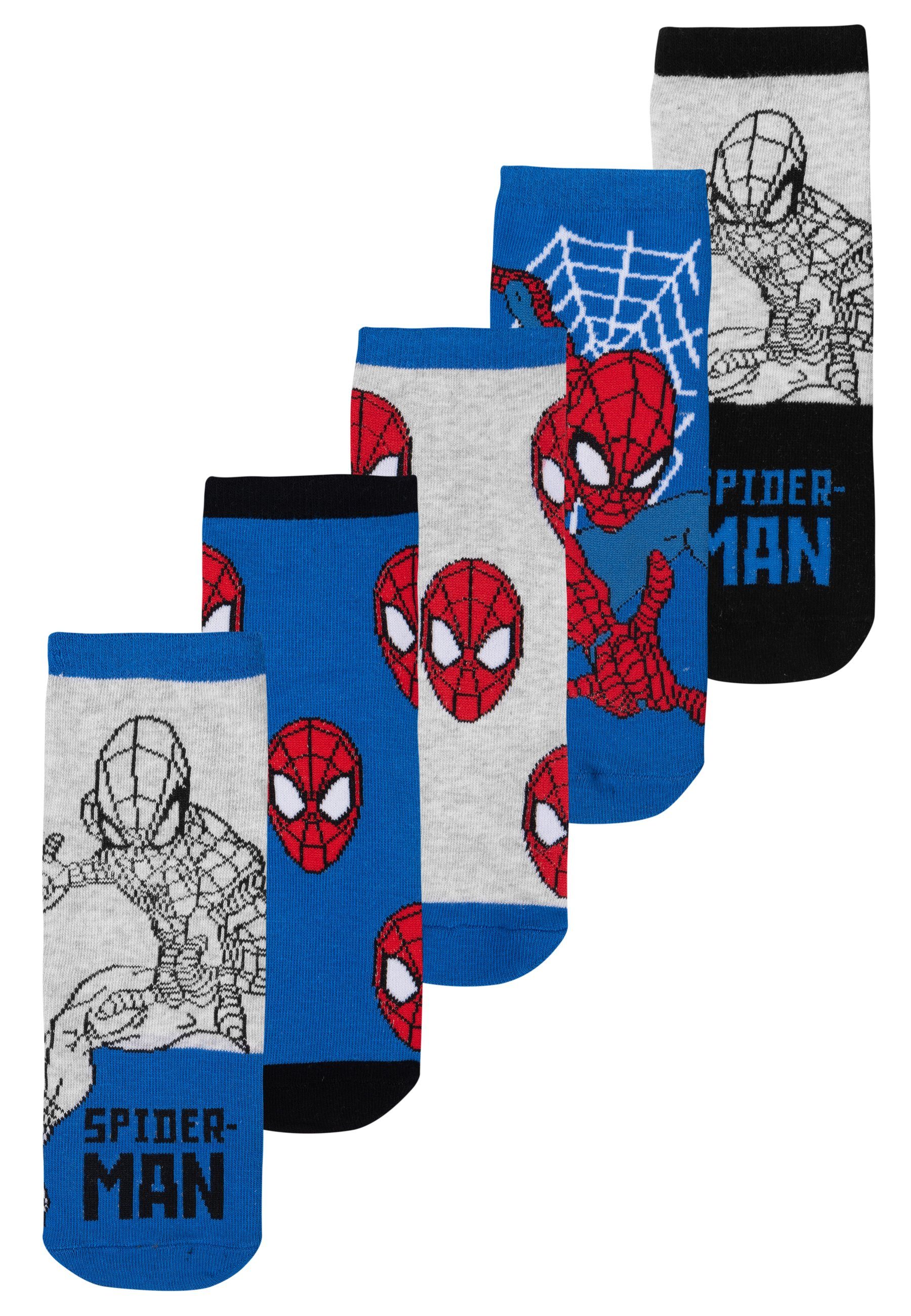 United Labels® Socken Marvel Spiderman Socken Jungen Kinder Söckchen Blau/Grau (5er Pack)
