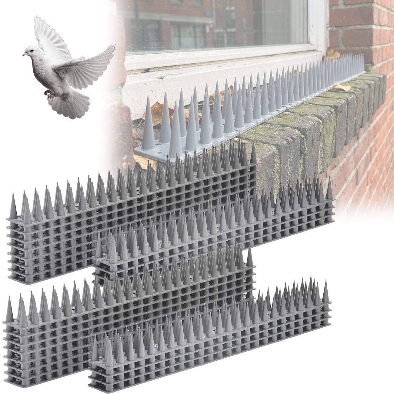 shop'n smile ideoon Taubenspikes Vogelabwehr Spikes 5,4m 3-reihig Taubenschreck gegen Tauben grau, 24-St., 12er / 24er Set, 100% UV-beständig/individuell anpassbar/flexible montierbar