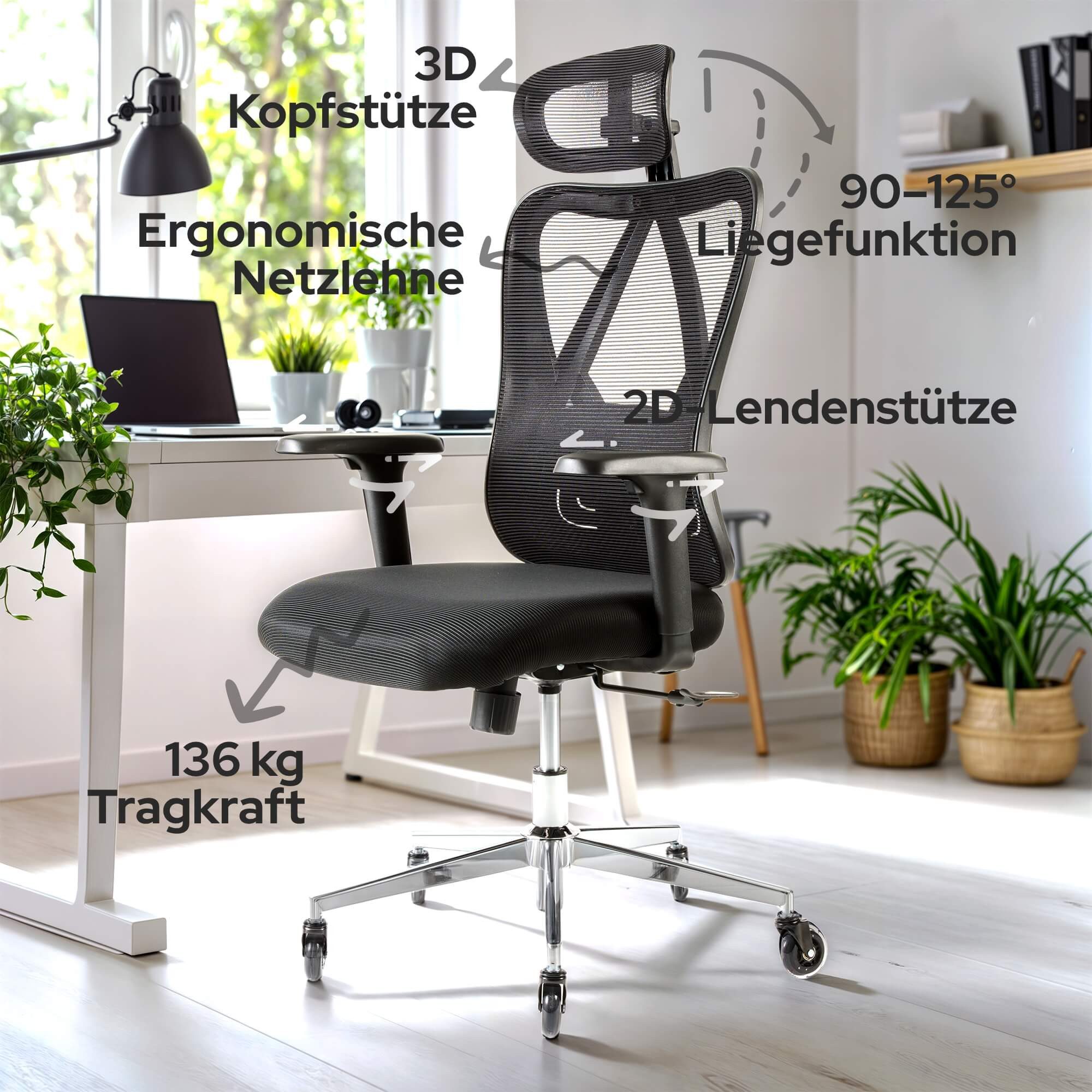 Arebos Bürostuhl Ergonomischer Schreibtischstuhl Wippfunktion Rückenschonend Premium, Mit 3-stufiger Liegeverriegelung (90–125) – Bild 3 von 5