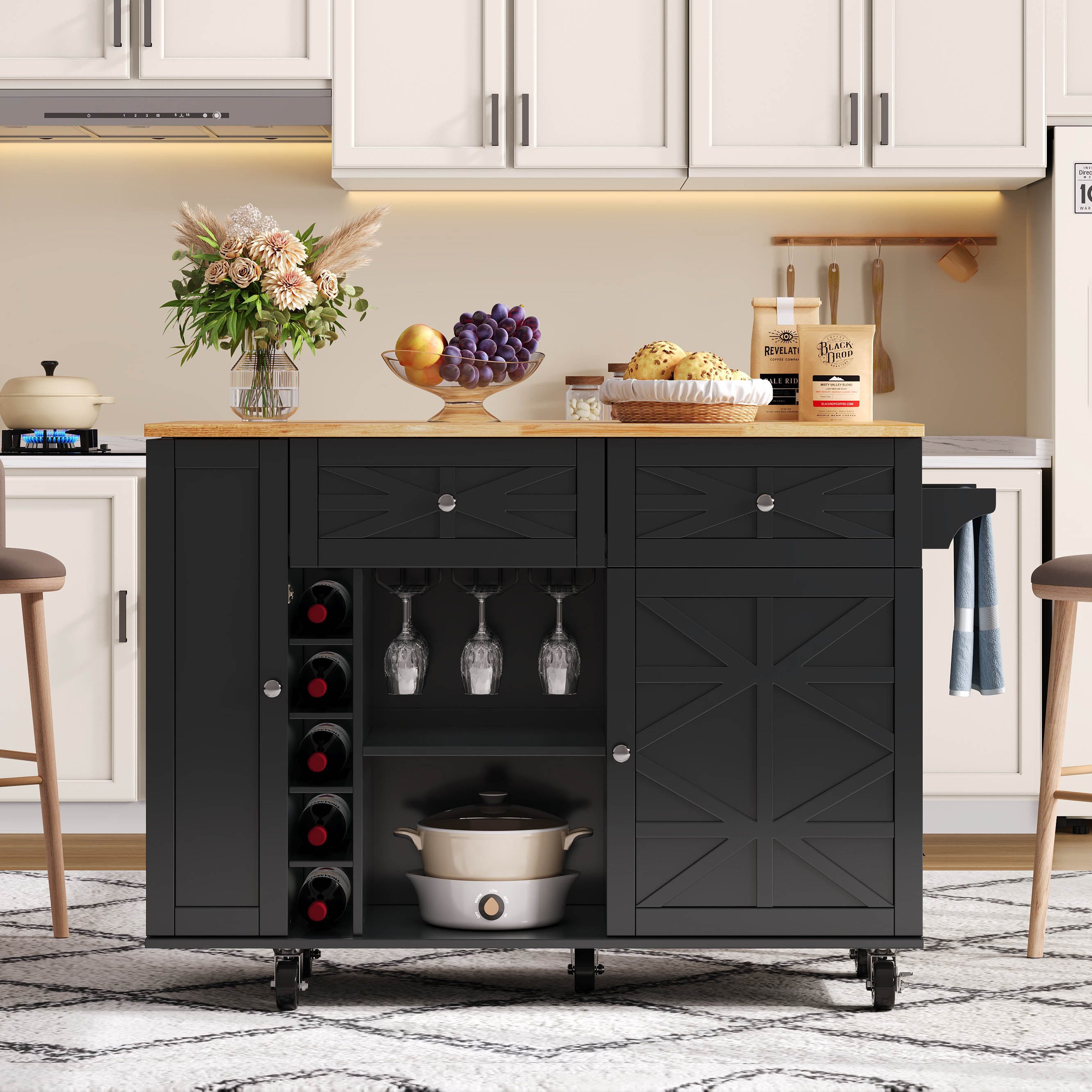 Flieks Küchenwagen mit erweiterbarer Arbeitsplatte, Weinregal und Glashalte günstig online kaufen