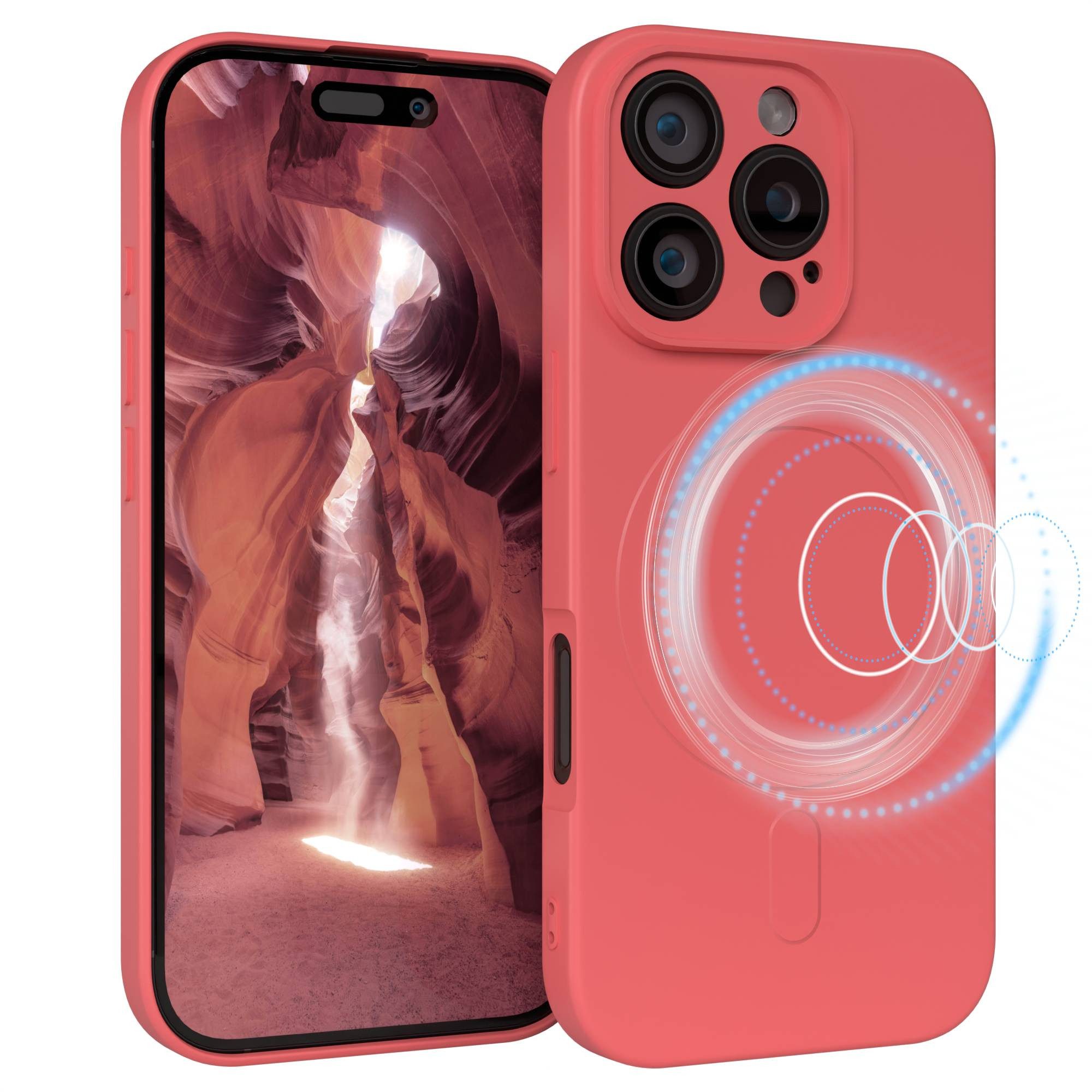 EAZY CASE Handyhülle für Apple iPhone 16 Pro Hülle Silikon 6,3 Zoll, MagSafe Silikonhülle Kameraschutz stoßfest Handyhülle Matt Hellrot