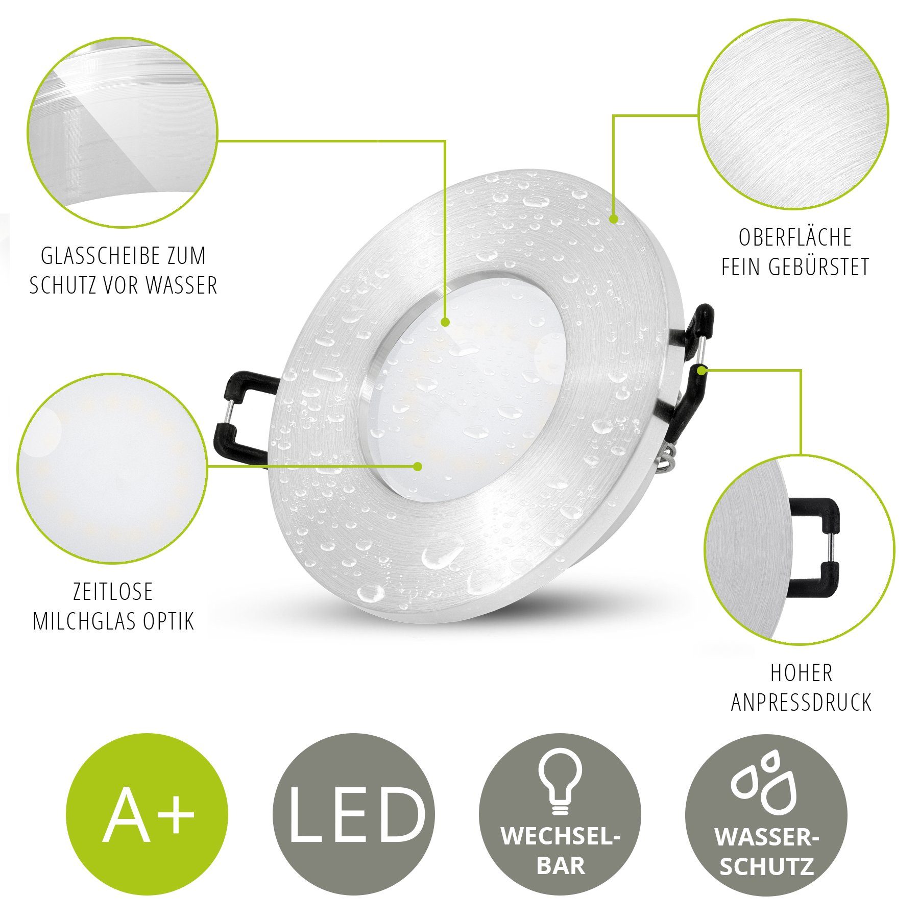 linovum LED Einbaustrahler inklusive Einbauleuchten 5W 230V, GU10 IP65 Bad Leuchtmittel Leuchtmittel warmweiss inklusive, LED fourSTEP Set 10er