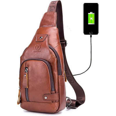 OKWISH Schultertasche Brusttasche Sling Schulter Rucksack Rucksäcke Crossbody Umhängetasche (Anti-Diebstahl Herren Damen Unisex 30 x 16 x 7 cm Groß Echtleder, Geldgürtel, Sport, Sporttasche, Handytasche, mit USB-Lade-Anschluss), für Outdoor Camping Reisen Wandern Radfahren Multipurpose Tagepacks