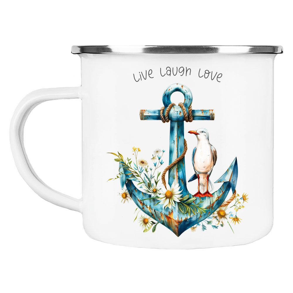 Cadouri Tasse LIVE LAUGH LOVE Camping Emaille Tasse, Campingtasse, Metall, Campingbecher, Kaffeetasse, Anker, maritim, Geschenk, 300 ml