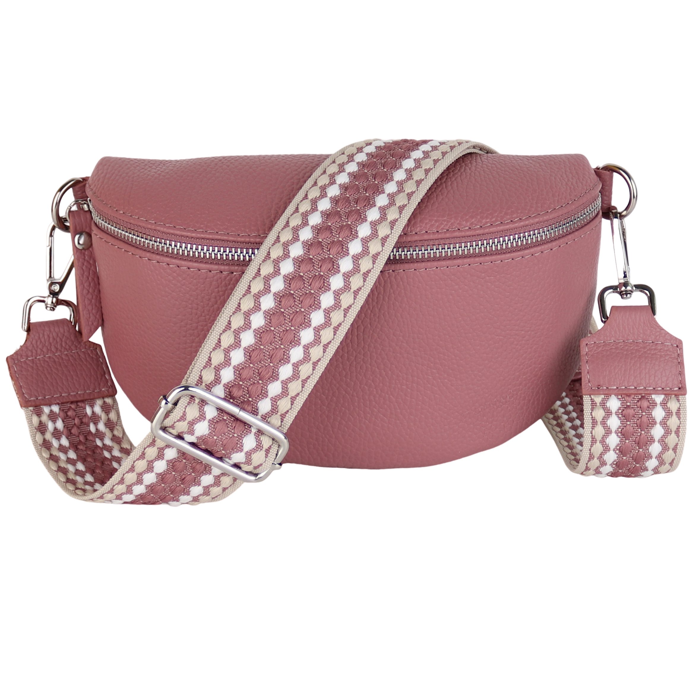 MIRROSI Bauchtasche Damen, Echtleder, Leder, Made in Italy, Umhängetasche, Brusttasche, (Schultertasche für jeden Anlass (1 Tasche & 2 Gurte), 3 Größen auswählbar), Crossbody Bag, Altrosa, gemusterten& verstellbaren Schulterriemen