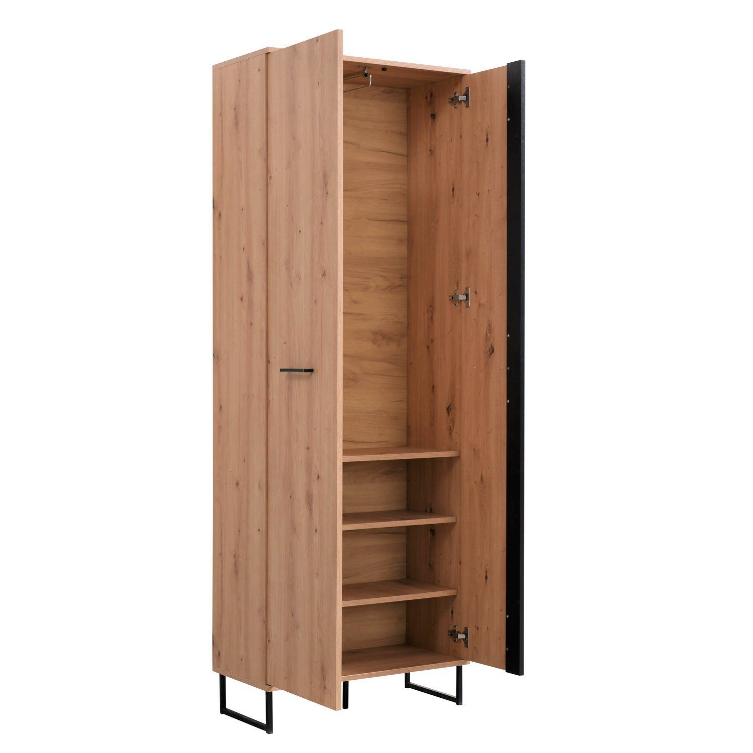 Homestyle4u Garderoben-Set Flur Industrial Holz Eiche Sitzbank Kleiderstange 3 Haken mit Spiegel, (Set, 5-St., 5-teilig)