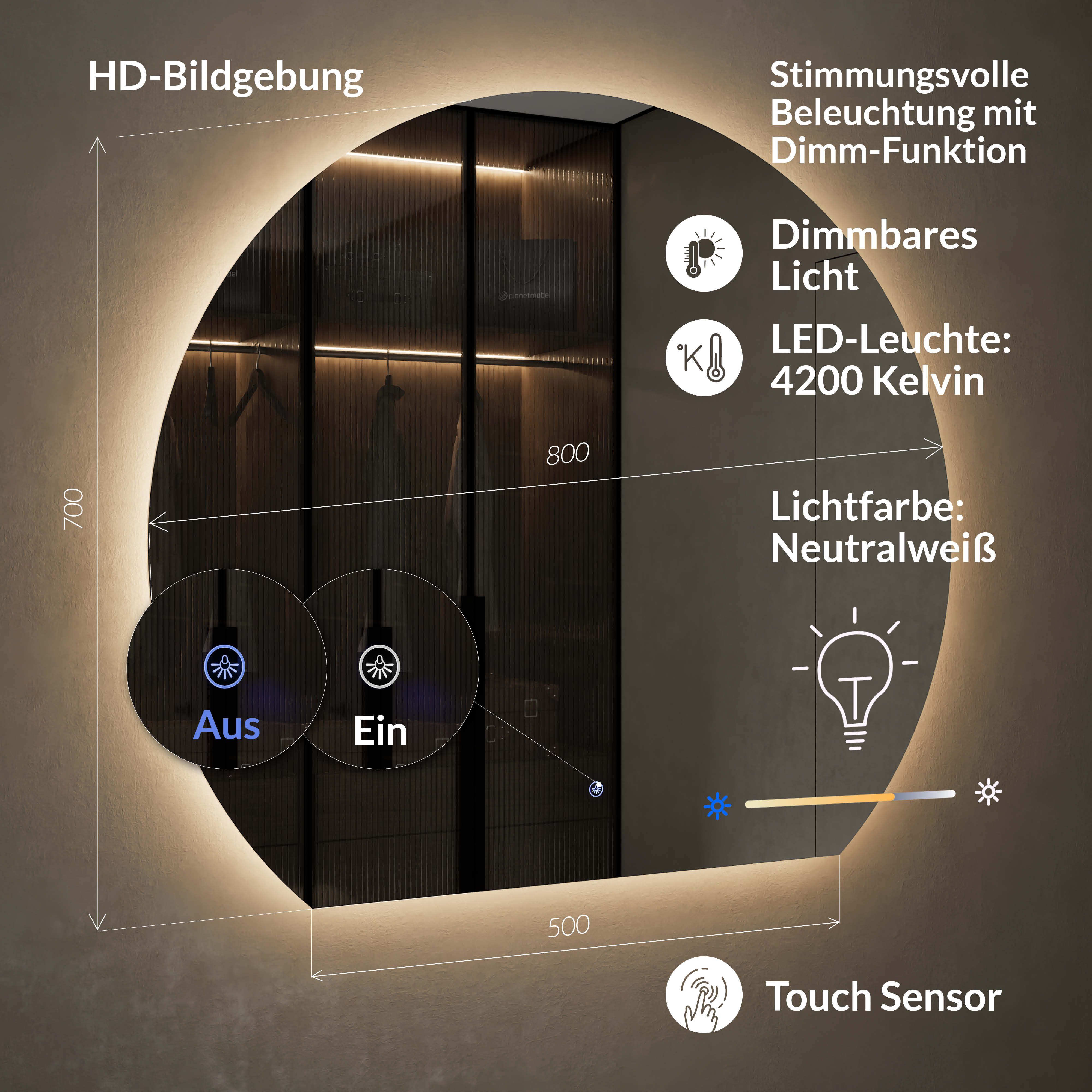 Planetmöbel Dekospiegel AUBE Spiegel mit Beleuchtung 80 - 100 cm Bogenspiegel (Dimmbar mit Touch-Schalter, 100x50cm), LED Spiegel – Bild 5 von 5