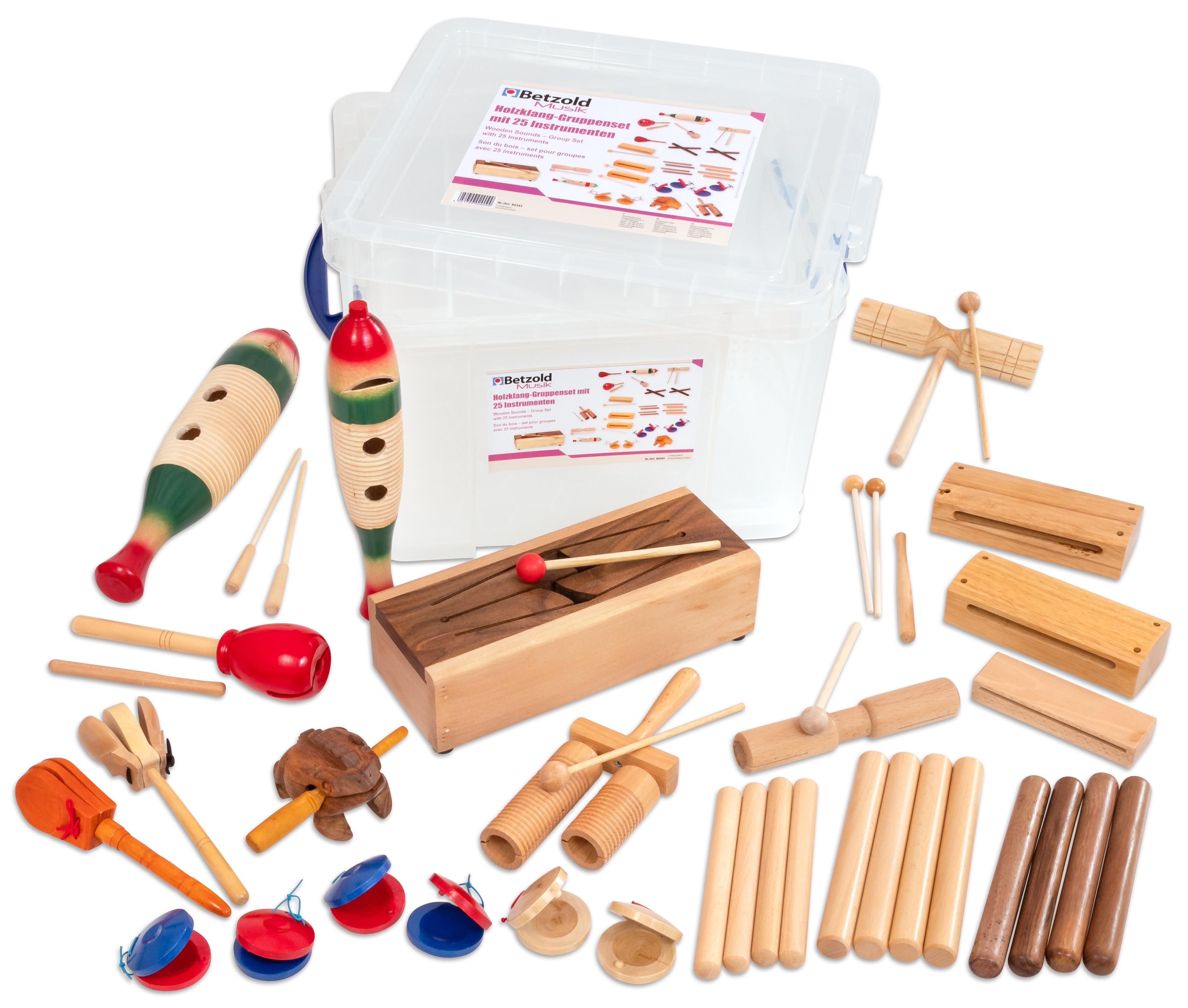 Betzold Spielzeug-Musikinstrument Holzklang-Gruppenset mit 25 Instrumenten