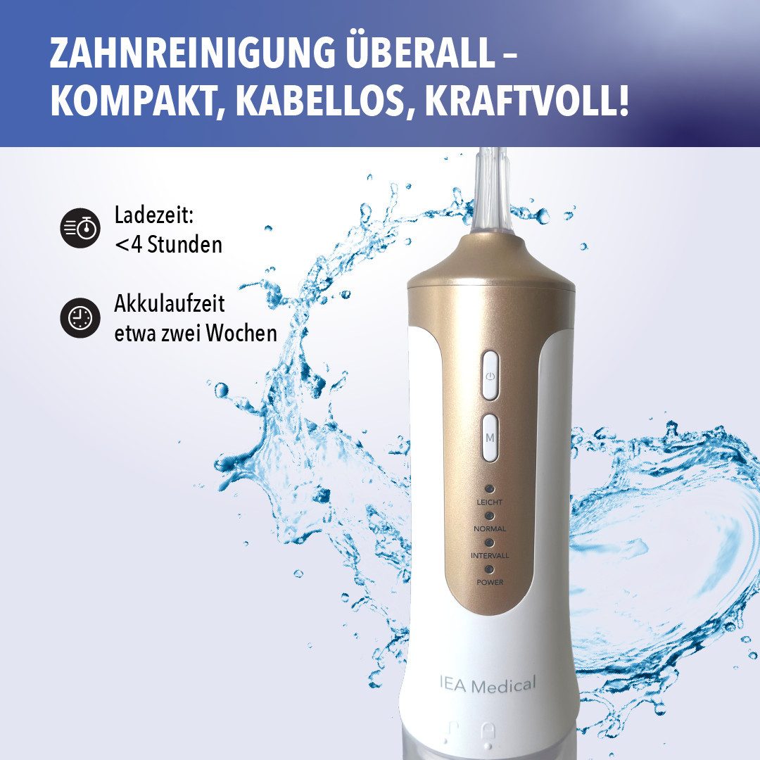 IEA Medical Munddusche Zahnzwischenraumreiniger, Aufsätze: 3 St., Kabellos, für unterwegs, 3 Modi, 240 ml Wassertank