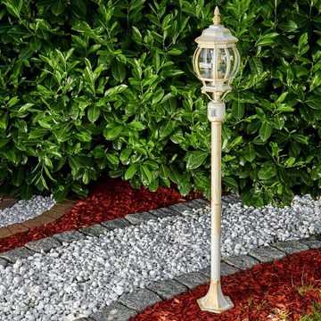 hofstein Außen-Stehlampe »Meyen« Außenleuchte, Aluguss in Weiß/Gold mit Kunststoff-Scheiben, ohne Leuchtmittel, Gartenlampe, E27, IP44 m. Bewegungsmelder