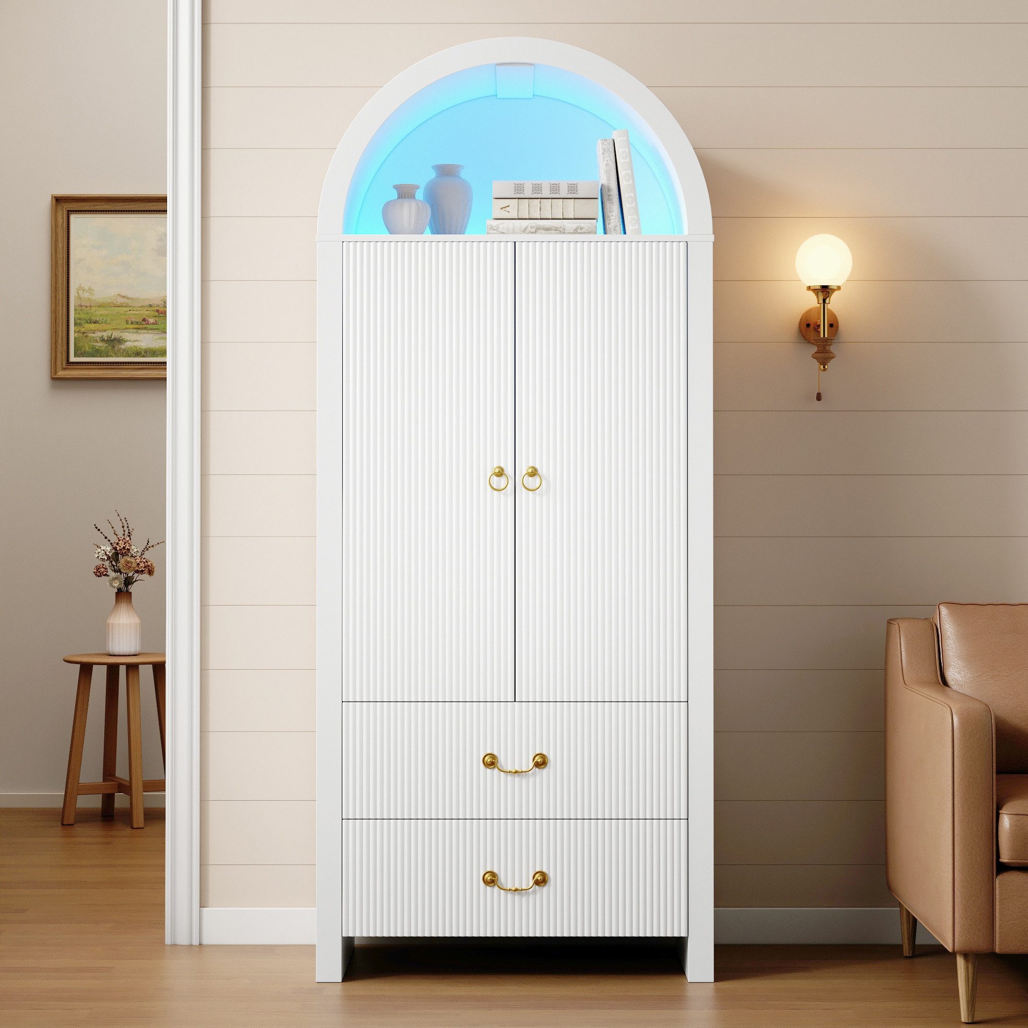 Merax Hochschrank mit LED-Beleuchtung inkl.APP, Aufbewahrungsschrank mit Bogen-Nische (76 L x 38 B x 180 H cm, 1-St) Wohnzimmerschrank mit 2 Türen, 2 Schubladen und geriffelter Front