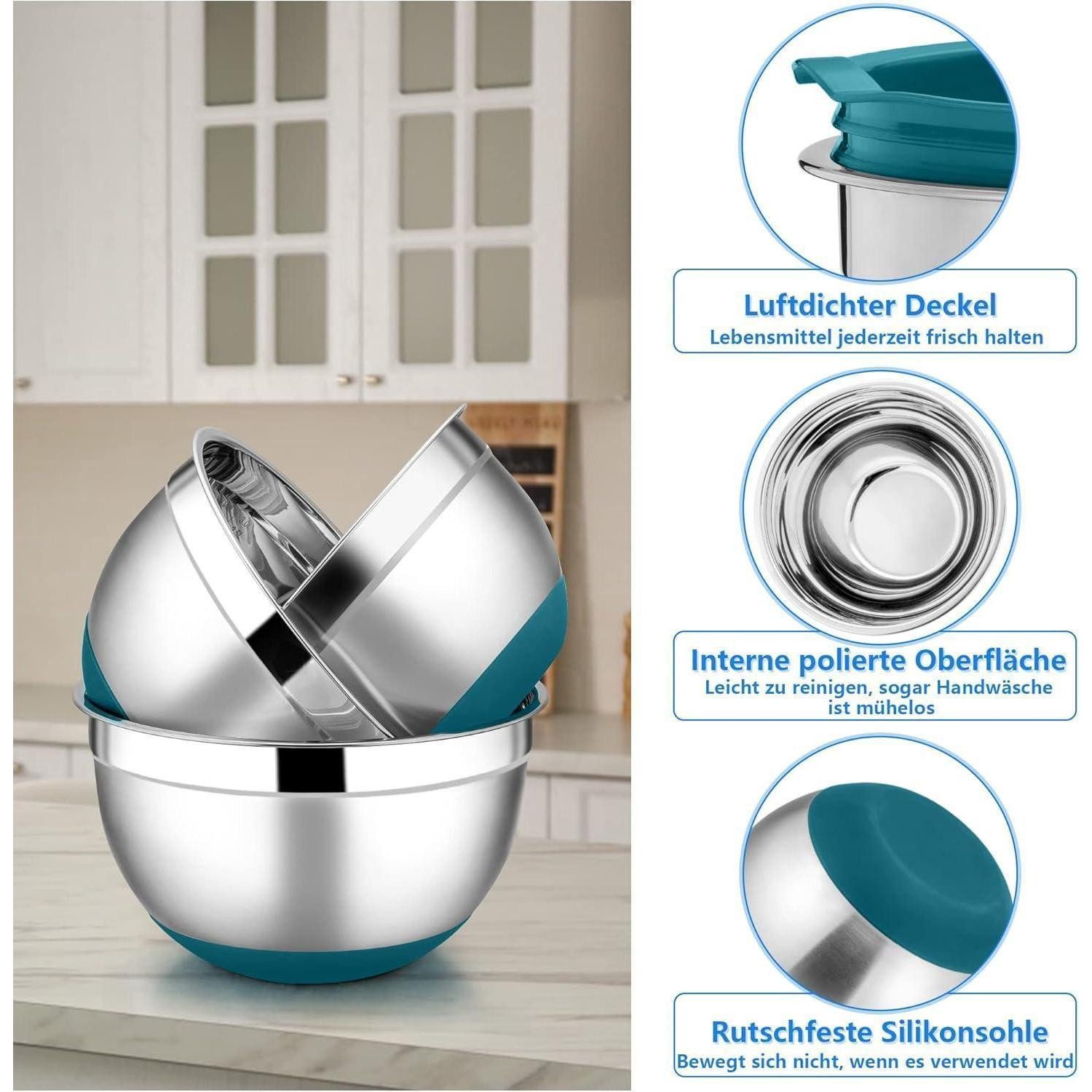 LuxusKollektion Rührschüssel Rührschüssel Set Edelstahl Luftdichter Deckel Rutschfest 3er