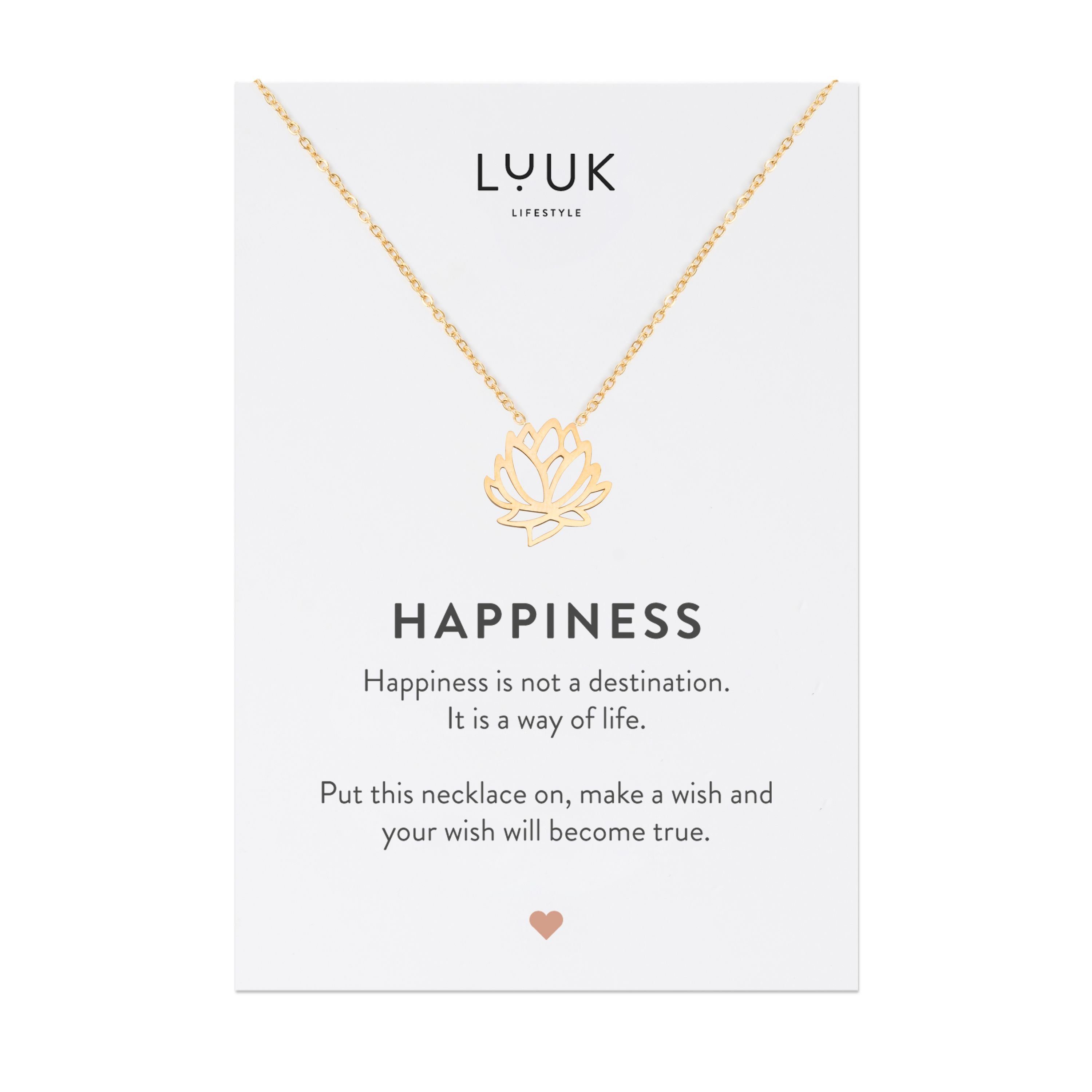 LUUK LIFESTYLE Kette mit Lotusblüte Sie, Gold Modeaccessoire Zen Lotusblüte, Anhänger HAPPINESS Geschenkkarte schicker eleganter Selbstgestalten, und minimalistisches Edelstahl mit Stil, für zum und Anhänger