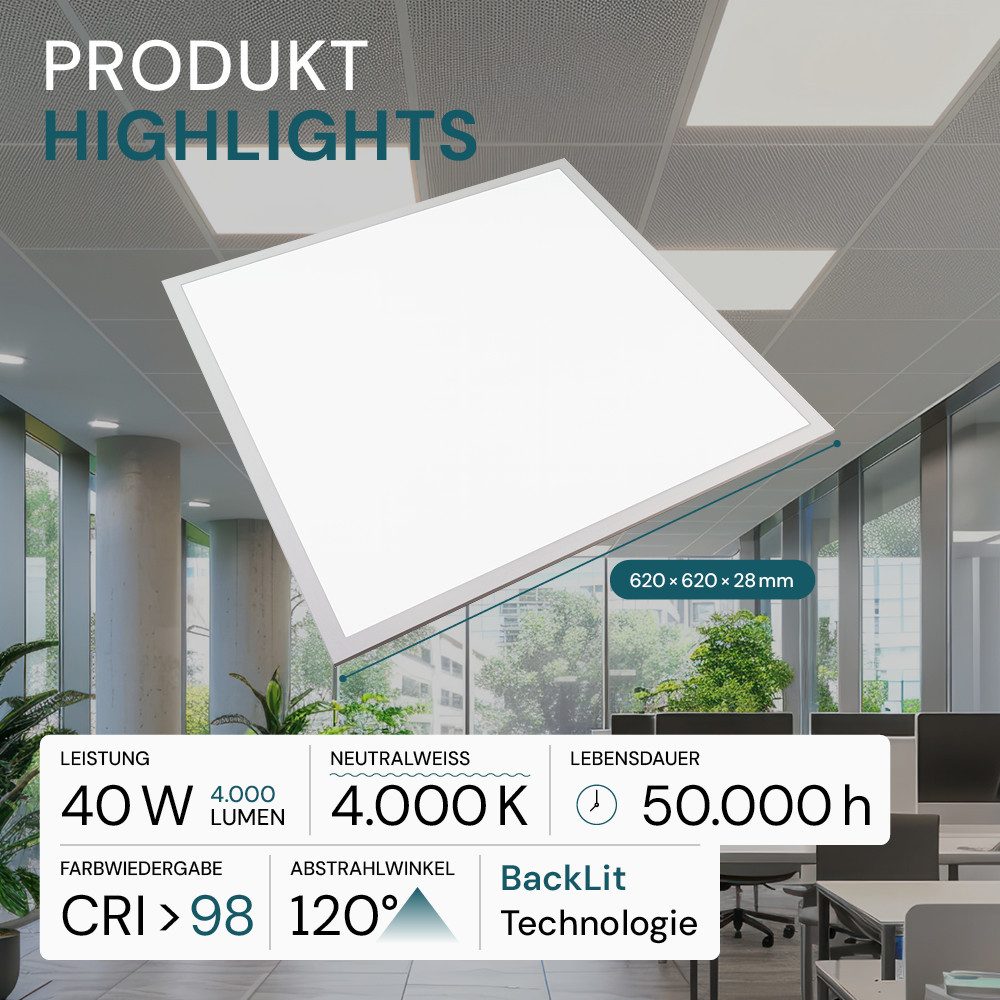 LUXULA LED Rasterleuchte LED BackLit Panel, 62x62 cm, CRI98, 40W, 4000lm, 4000K, LED fest integriert, Neutralweiß