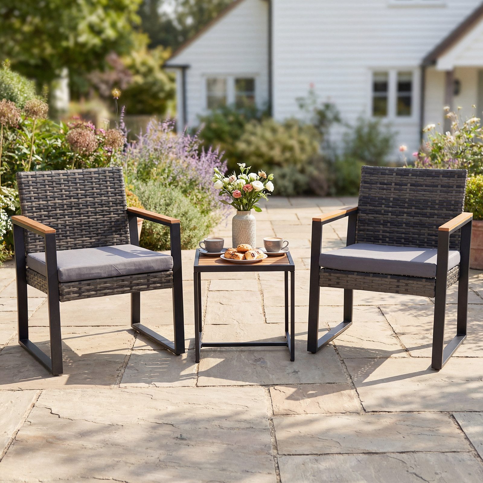 COSTWAY Balkonset, (3-tlg), Polyrattan Gartenmöbel mit Kissen, für 2 Personen