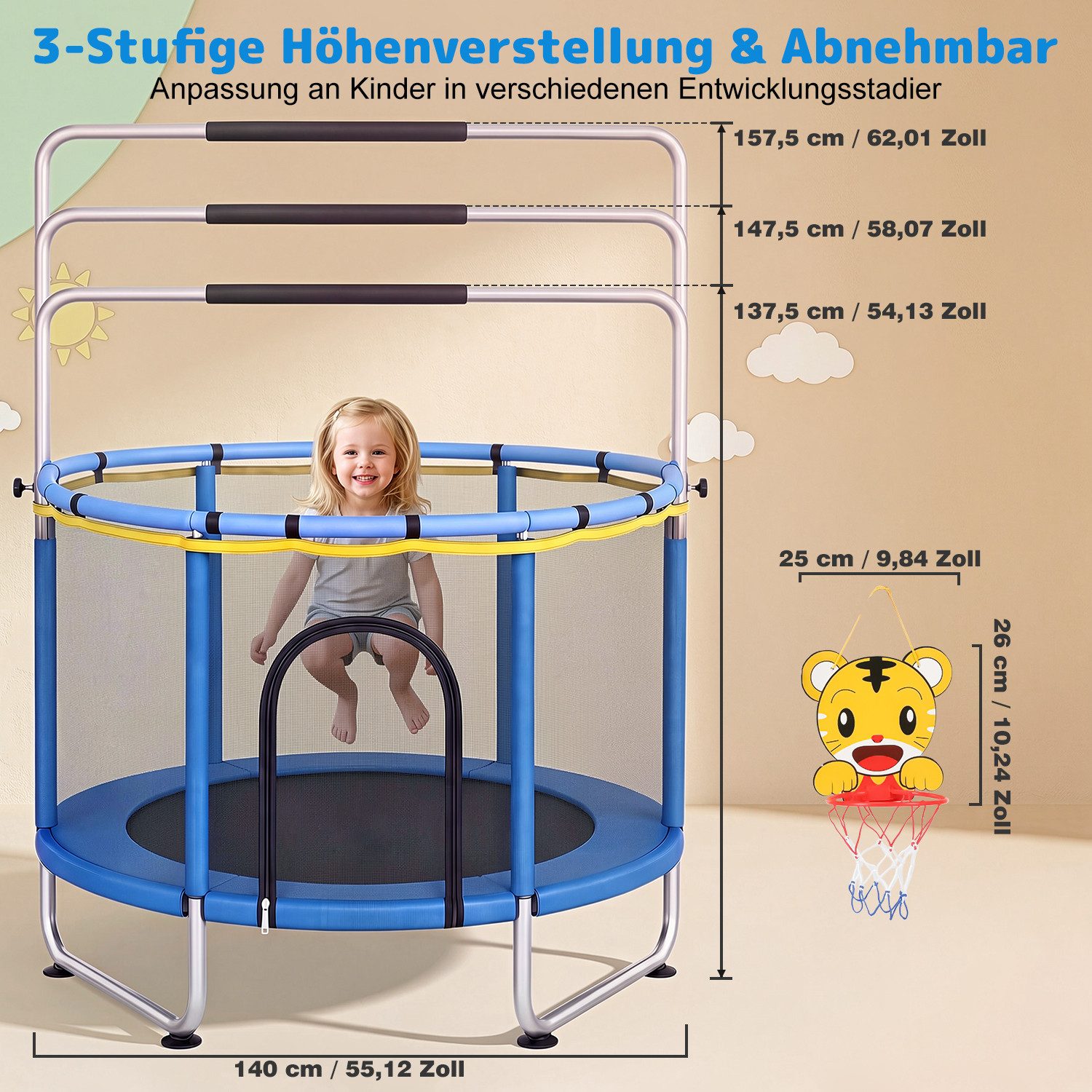 kehot Kindertrampolin Kinder Trampolin mit Sicherheitsnetz,Turnstange, Innen-/Außenbereich, Ø 140 cm, mit 10 kleine Bälle,2 Hängeringe,1 Basketballset,Schaukel,Sandsack