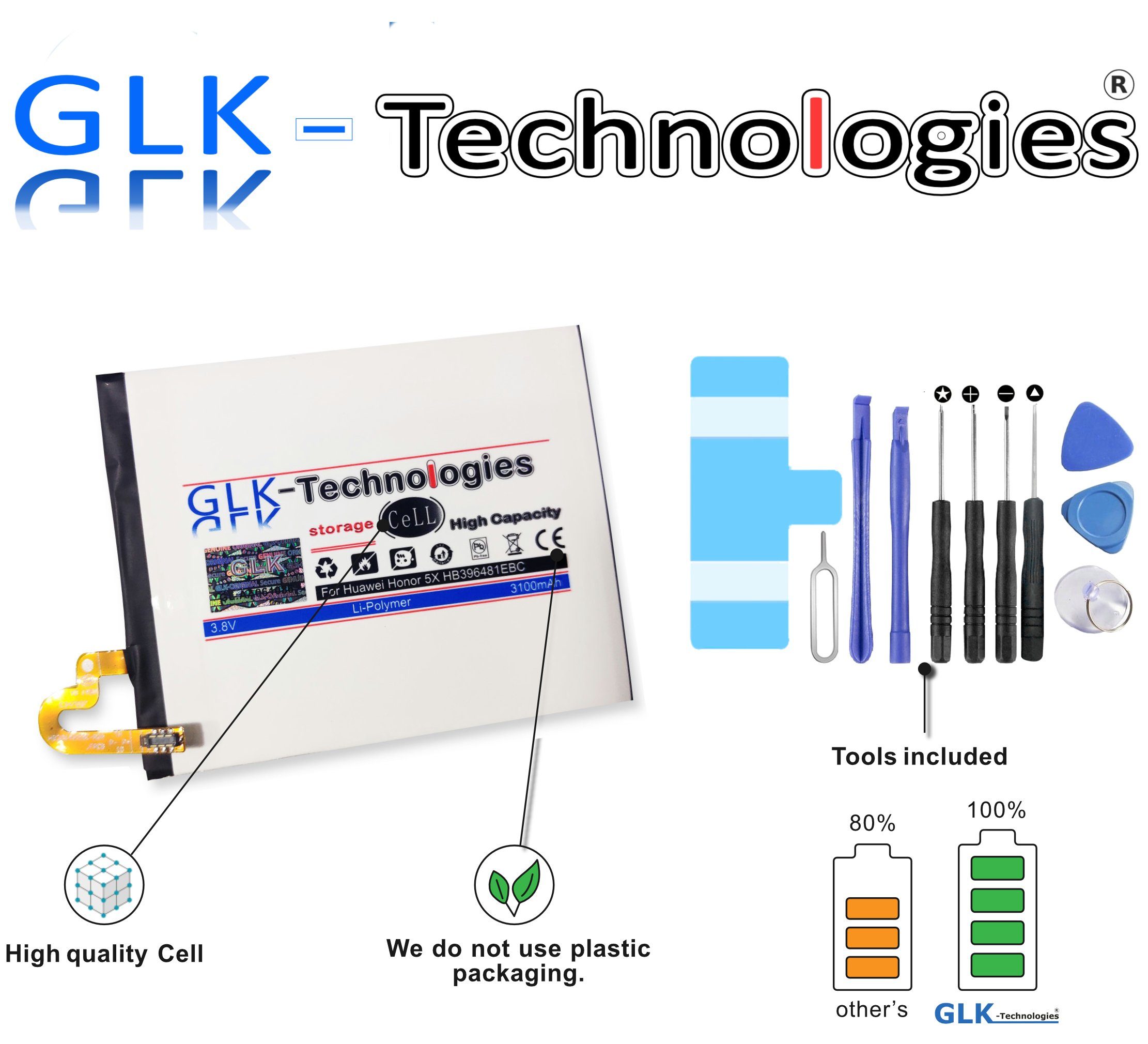 GLK-Technologies High Power (3,8 Huawei 6 Smartphone-Akku mAh Honor für inkl 3100 Huawei 5X G8 Werkzeugset Honor Akku V)