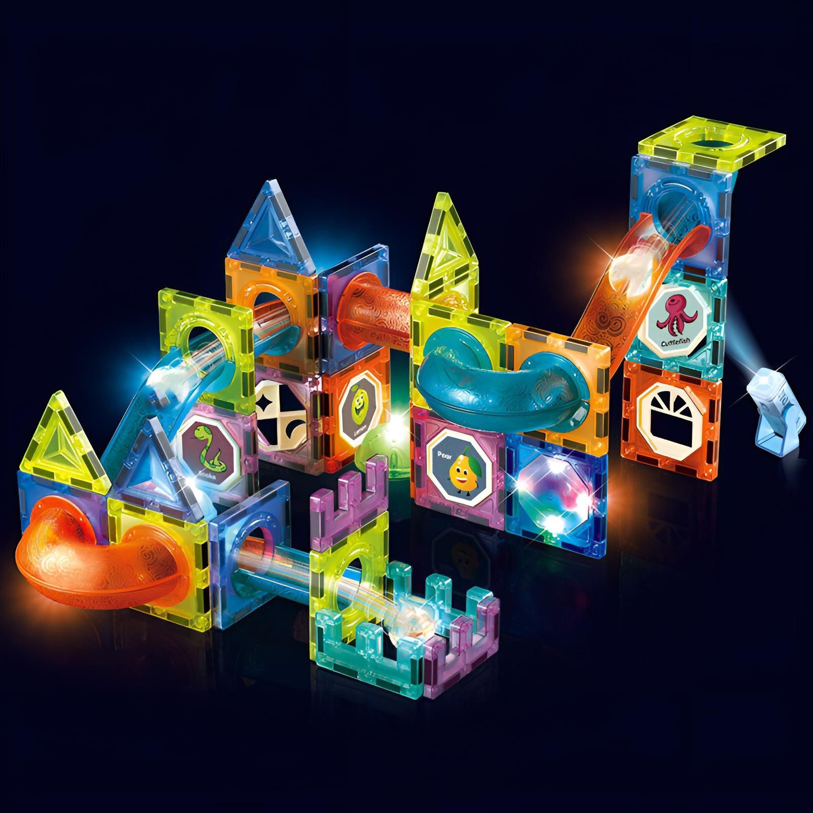 Goldstern-Tech 75- oder 110-teilig LightCube Magnetspielbausteine, (kreatives Spielset, 110 St., Kombiniertes Bau- und Kugelbahnsystem), STEM-Konstruktionsspiel für kreatives 2D- & 3D-Bauen