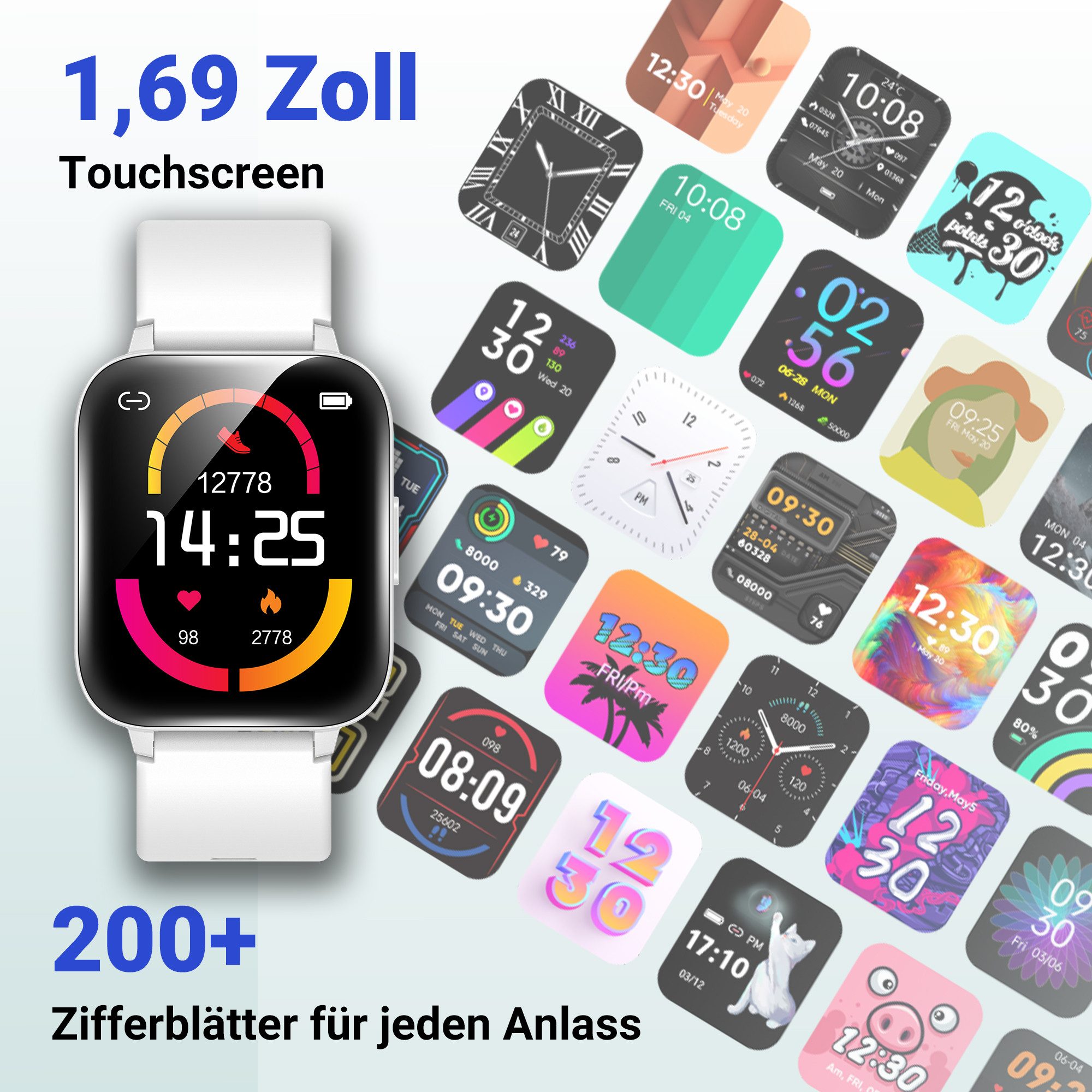 XINJI C1 Smartuhr Bluetooth Touchpanel Puls-/O²-Messung App, White Fitnessuhr (4,29 cm) Packung, Smartwatch mit Gesundheits‑ und Fitnessfunktionen, Herzfrequenz‑ & Blutsauerstoffmessung, Schlafmonitoring, App‑Anbindung