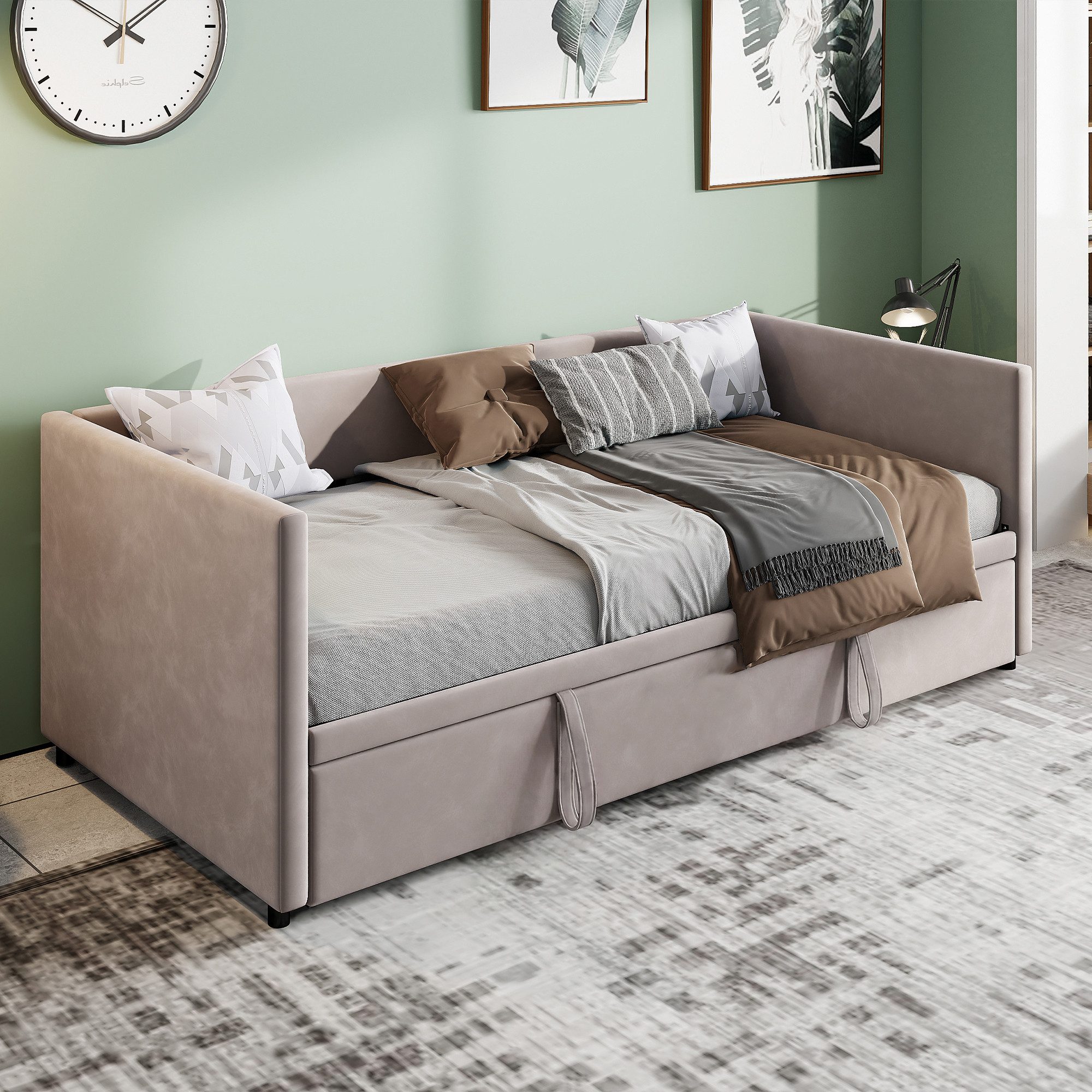Simurq Daybett Schlafsofa 90/180x200cm, Ausziehbett, Tagesbett, Mit Unterbett, Lattenrost, Samt, Gästebett, Platzsparend