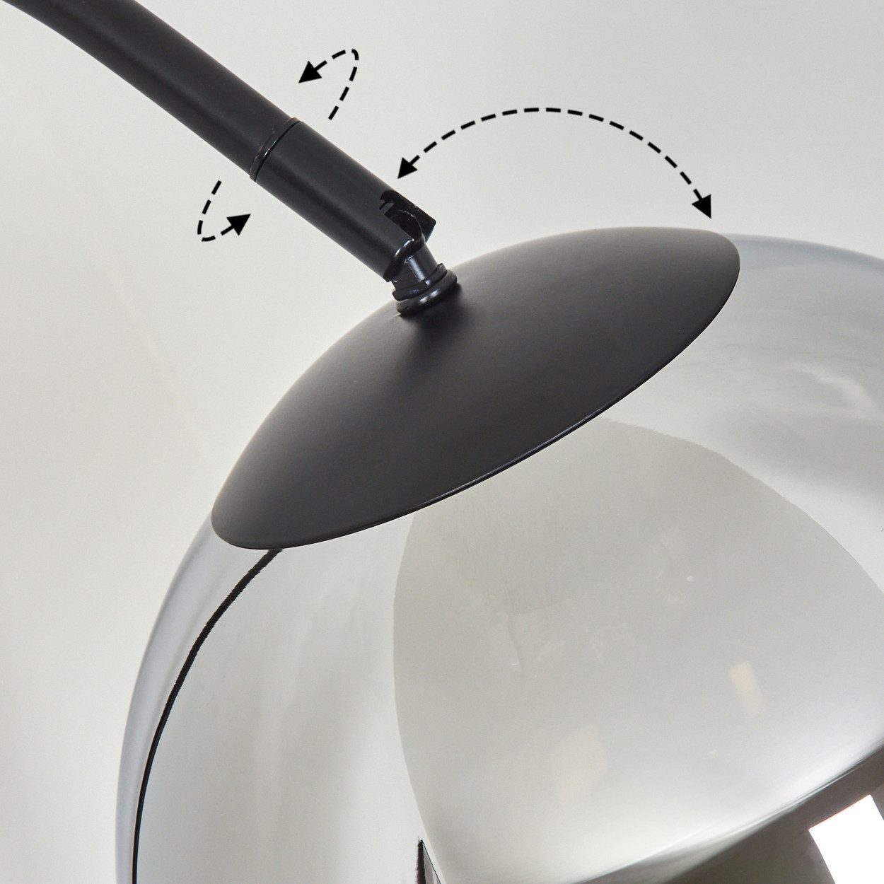 hofstein Bogenlampe Stehlampe aus Metall/Glas in Schwarz/Chrom/Klar/Rauch, ohne Leuchtmittel, Industrial-Design Leuchte m. Glasschirm (25cm) u. Fußschalter, 1xE27