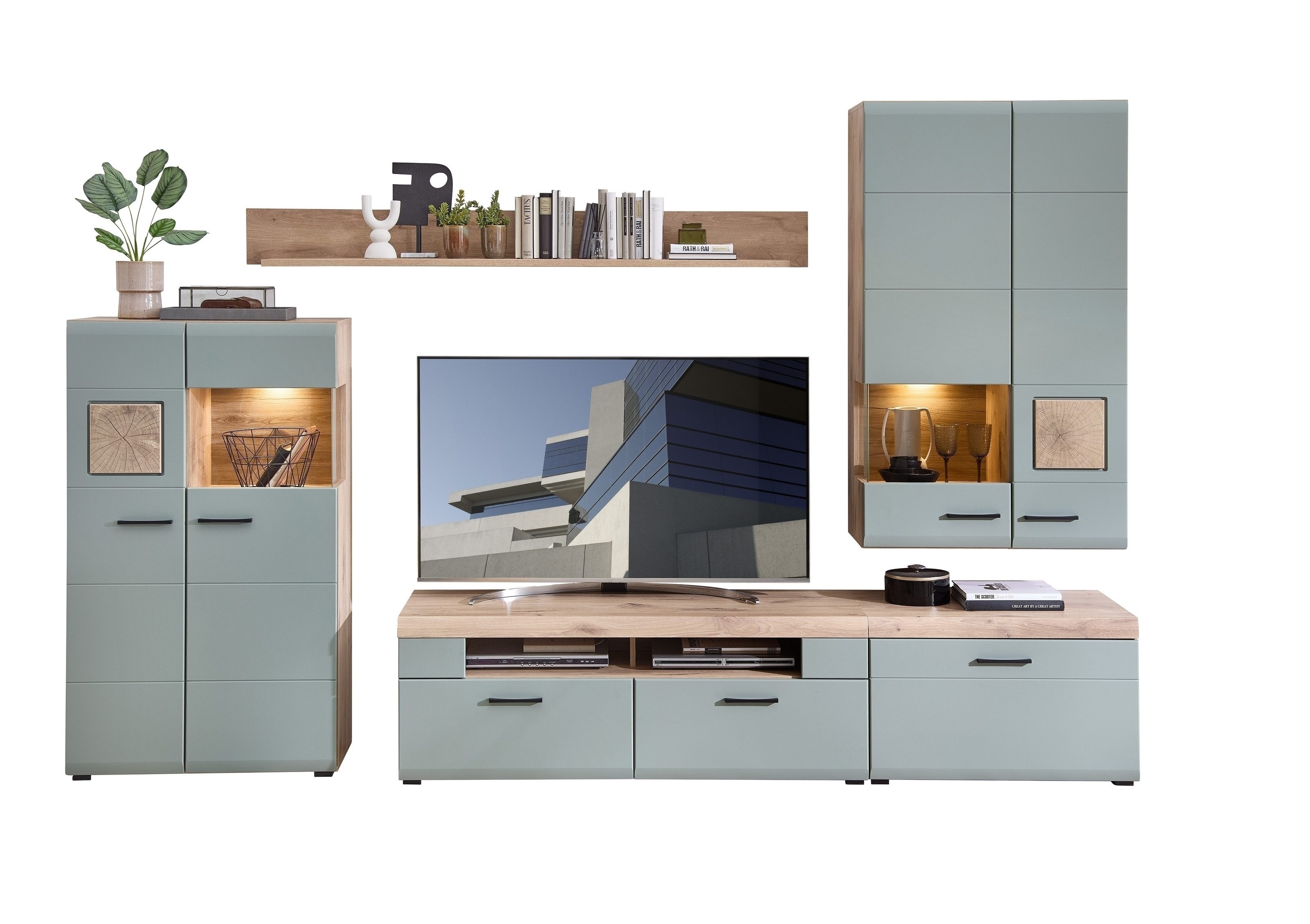 freiraum Wohnwand Kathlin, (5-teilig), (5-teilig) schilfgrün / Eiche Dekor - ca. 320x205x47cm (BxHxT)