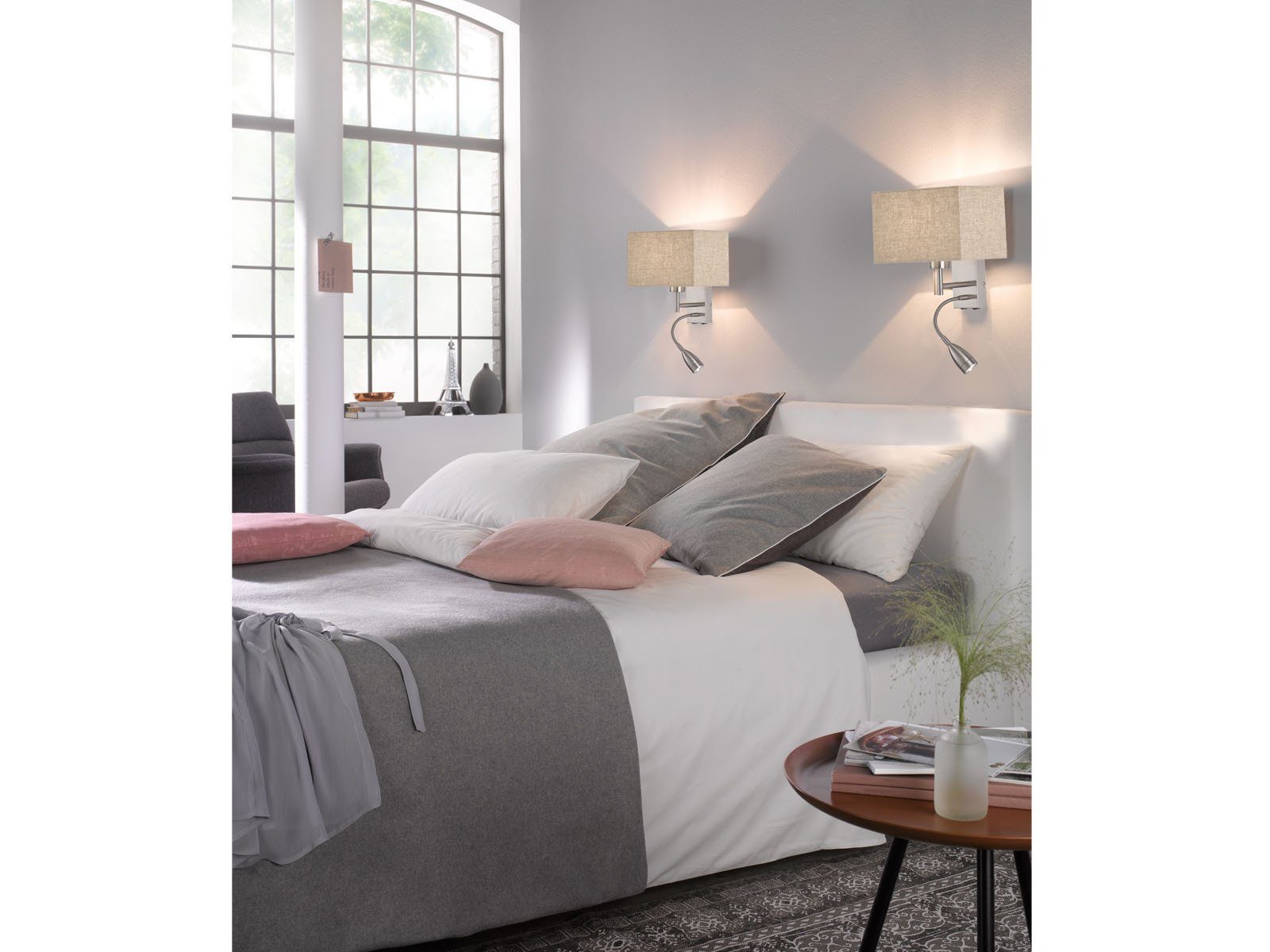 FISCHER & HONSEL LED Leselampe, LED wechselbar, LED fest integriert, Warmweiß, kleine Wandleuchte innen Leinen Lampenschirm recht-eckig Beige 25x25cm