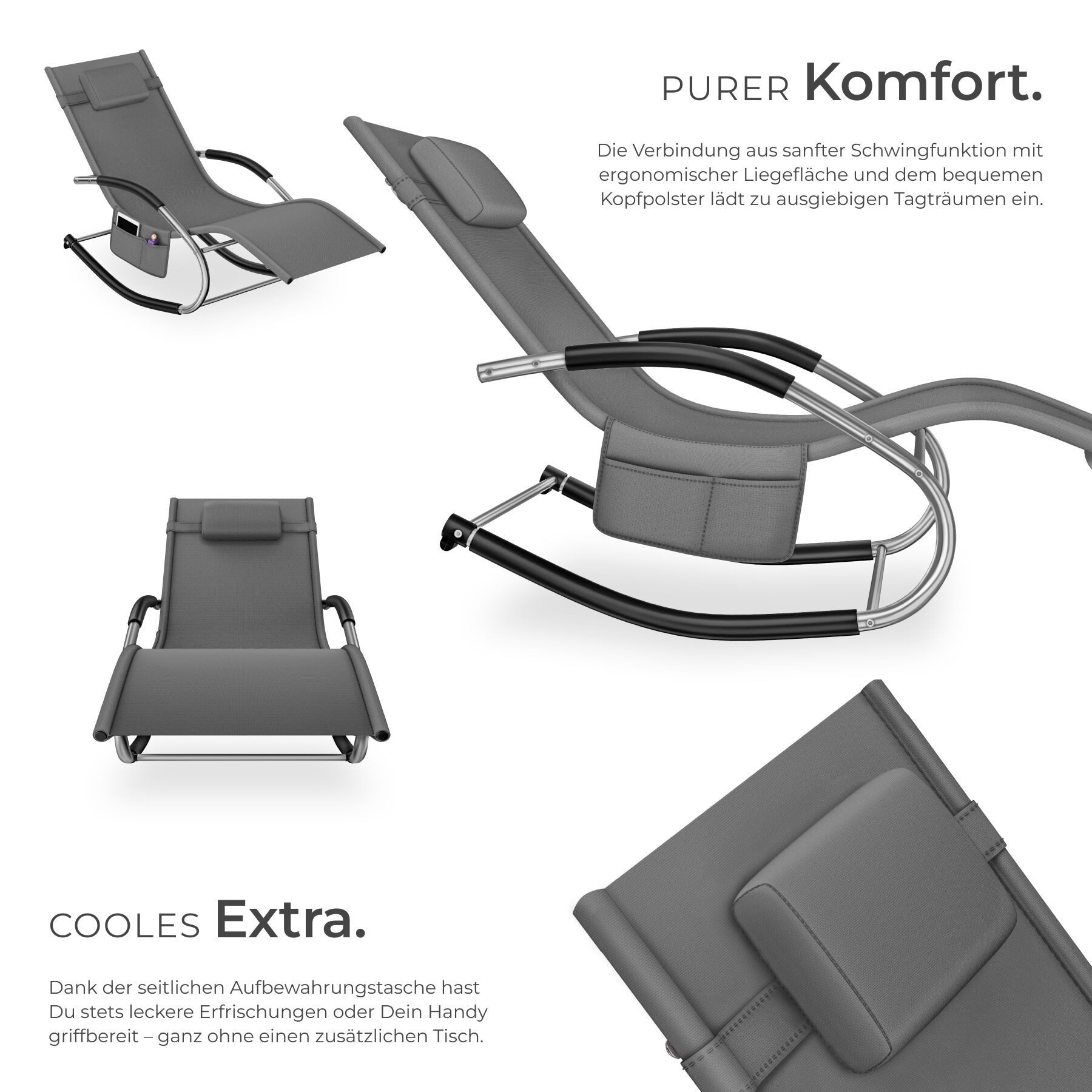 tectake Gartenliege ergonomische Sonnenliege, Belastbarkeit 120 kg, 62 x 146 x 92 cm, Balkonliege Taya, 1 St., für Außen in Grau, gepolstert, atmungsaktiv, wasserabweisend, mit Aufbewahrungstasche