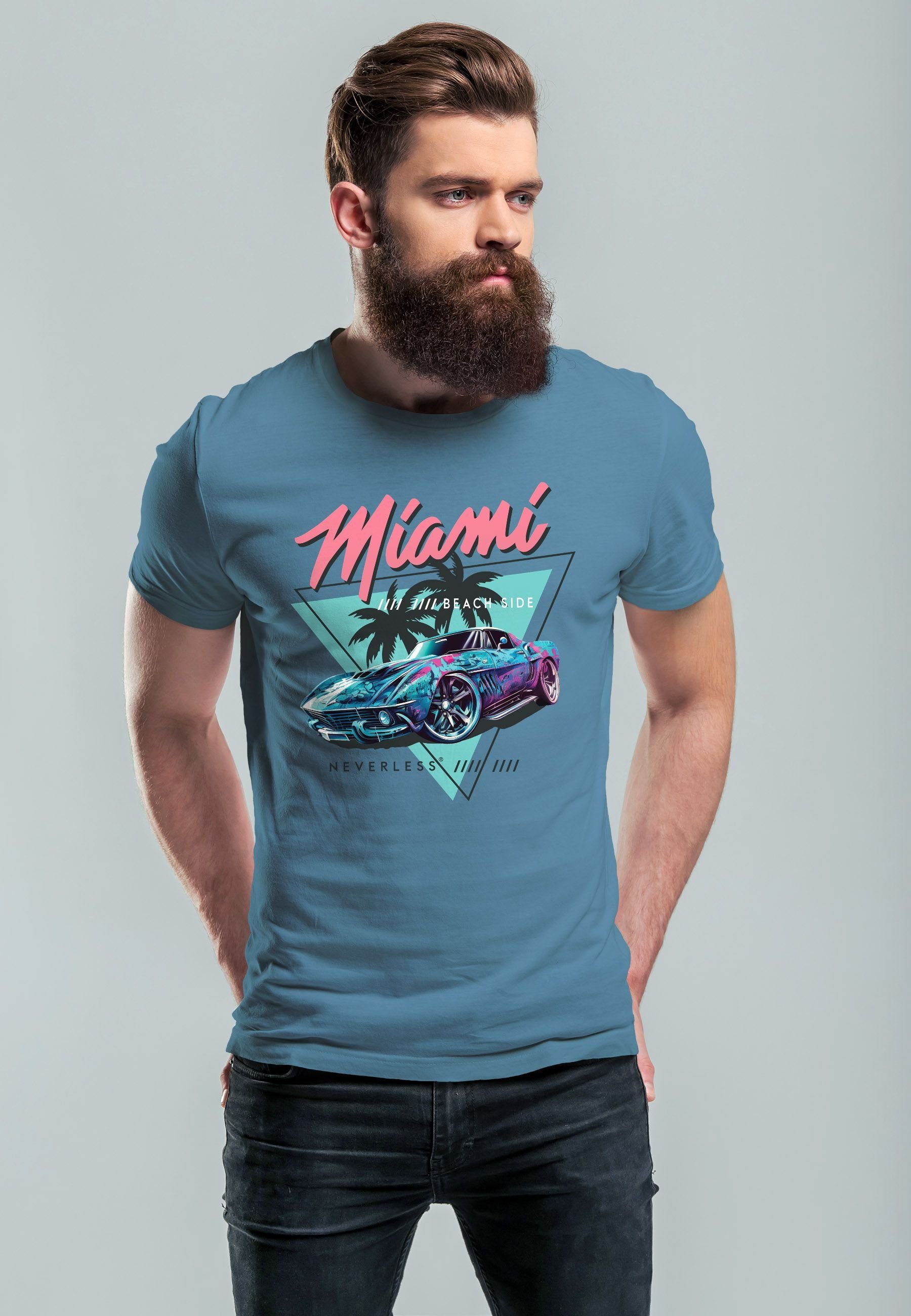 Neverless Print-Shirt Herren Automobil USA Retro T-Shirt mit stone Beach Bedruckt Surfing Motiv Print Miami blue