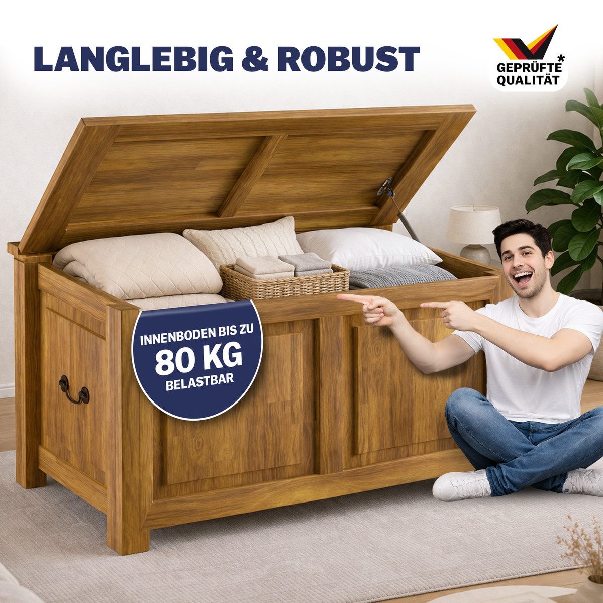 Deuba Holzkiste Antik, mit Deckel Groß 103L Volumen Sitzbank Stauraum 160kg belastbar Holz