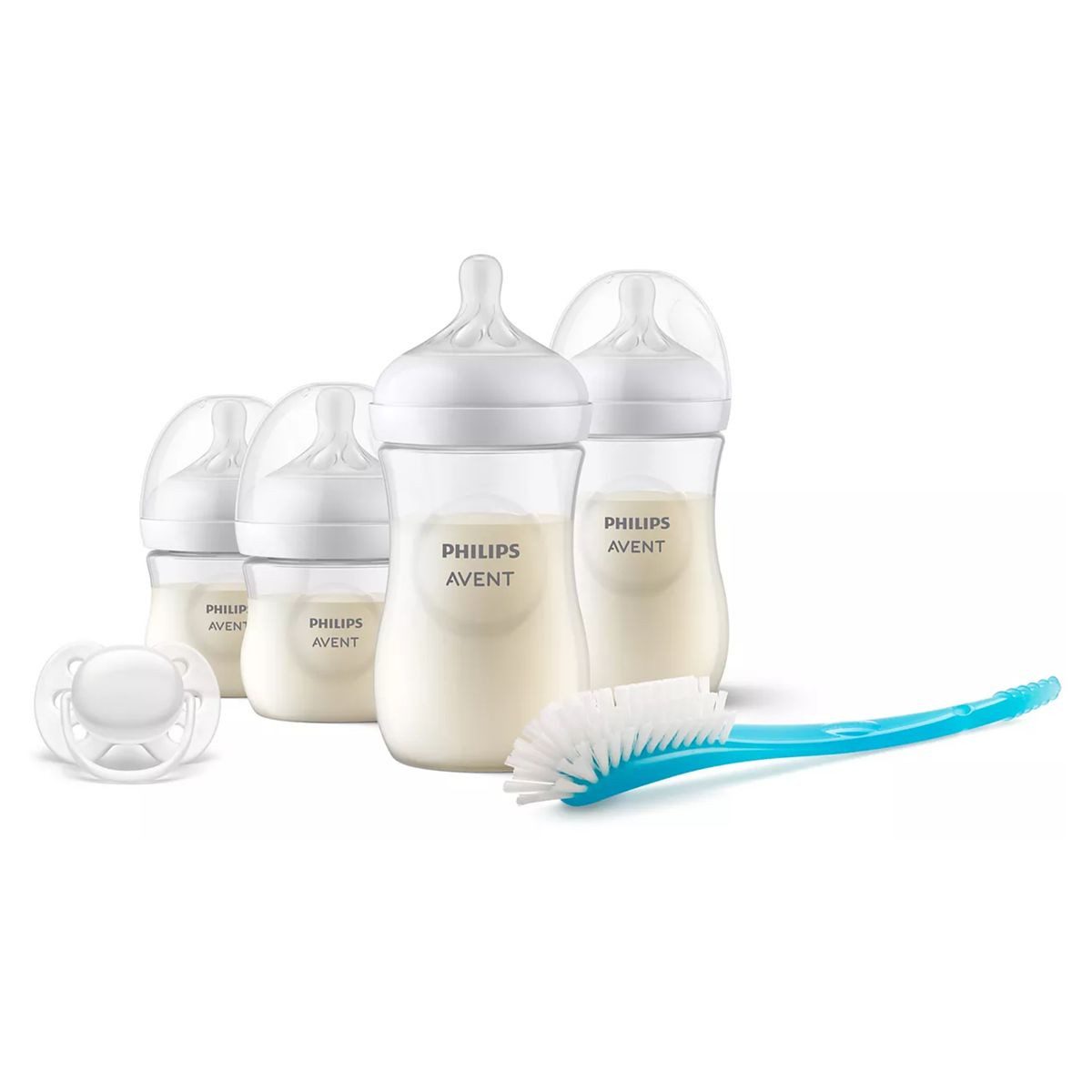 Philips AVENT Babyflasche Neugeborenen-Starter-Set Natural, 4 Baby Flaschen mit Silikon-Sauger, Schnuller & Flaschenbürste