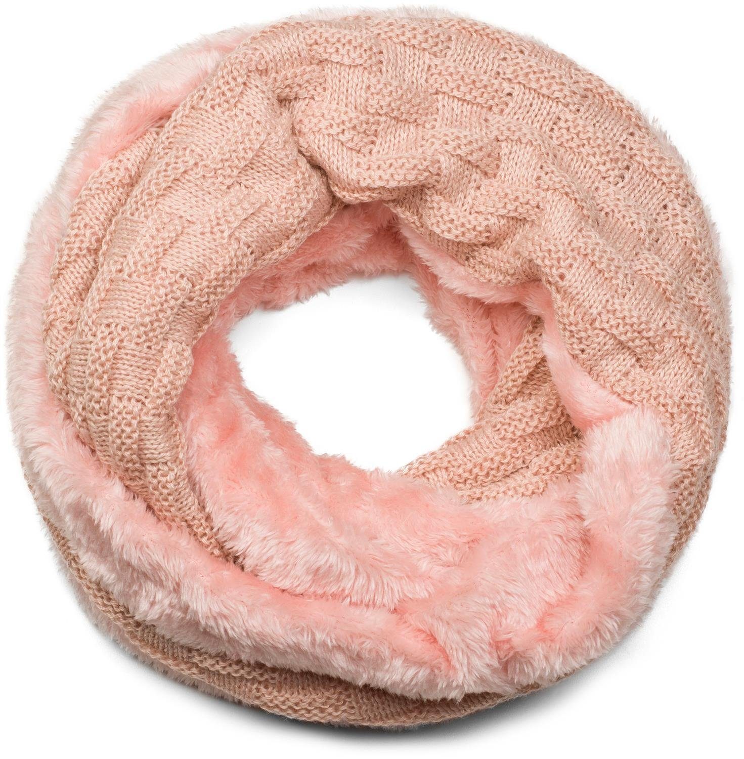 Strickschal Feinstrick Loop mit Flecht Muster und Teddyfleece