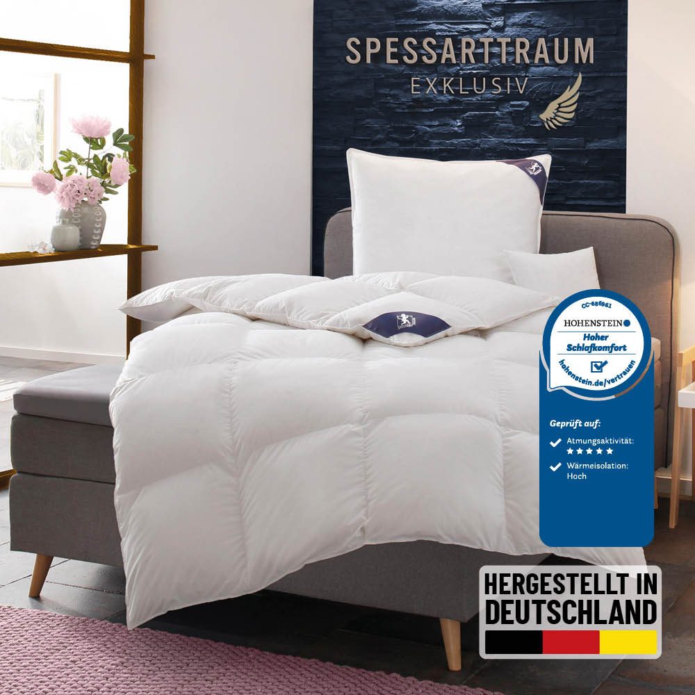 SPESSARTTRAUM Daunenbettdecke Exklusiv, Пуховые für Sommer und Winter, Decke, Füllung: 100% Daunen, Klasse 1, Downpass zertifiziert, Bezug: 100% Baumwolle, Made in Green, Hausstauballergiker geeignet, 5 Wärmeklassen & 8 Größen, Bestseller