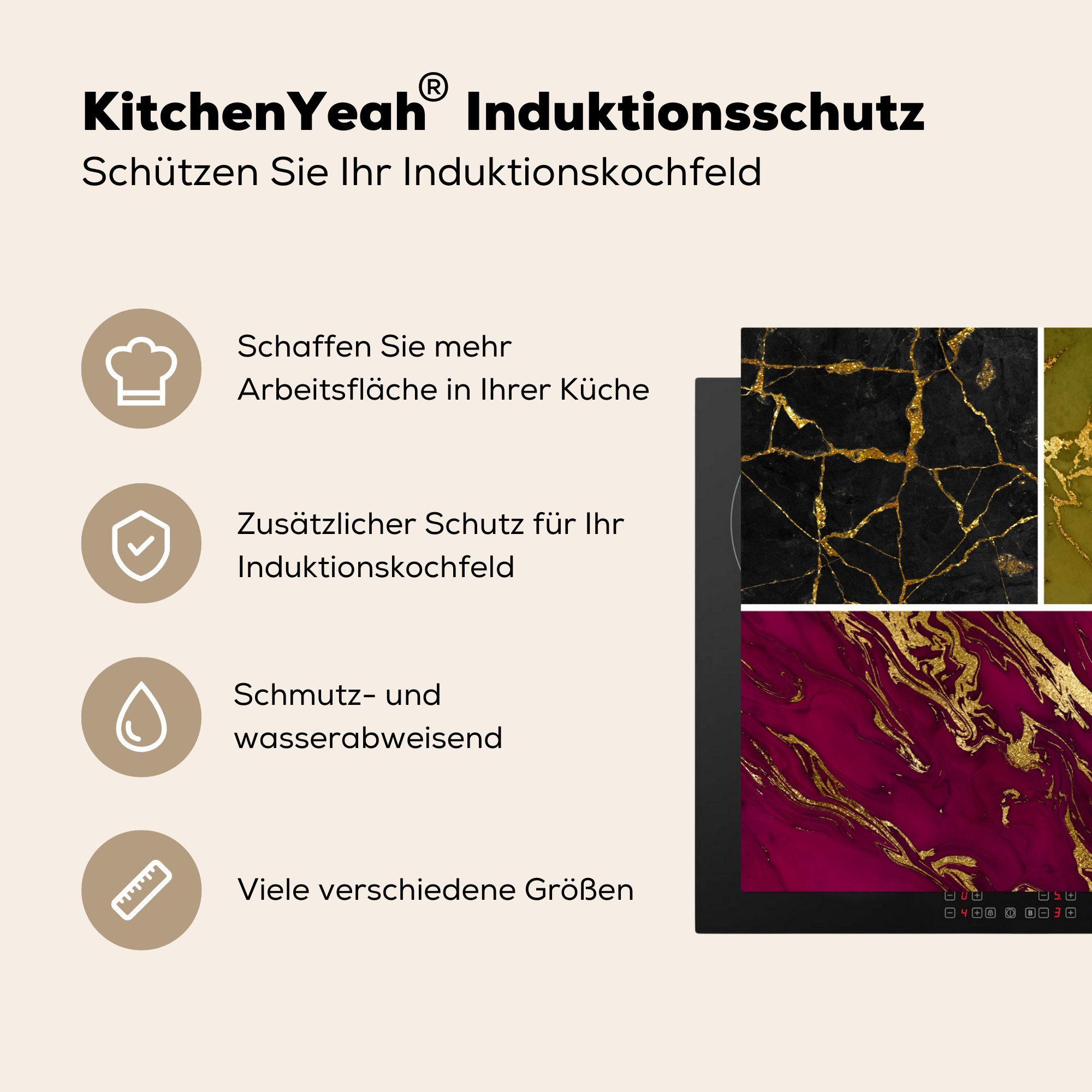 MuchoWow Herdblende-/Abdeckplatte Marmor - Gold (1 Ceranfeldabdeckung Schutz für die cm, tlg), - Induktionskochfeld küche, 81x52 Vinyl, Luxus