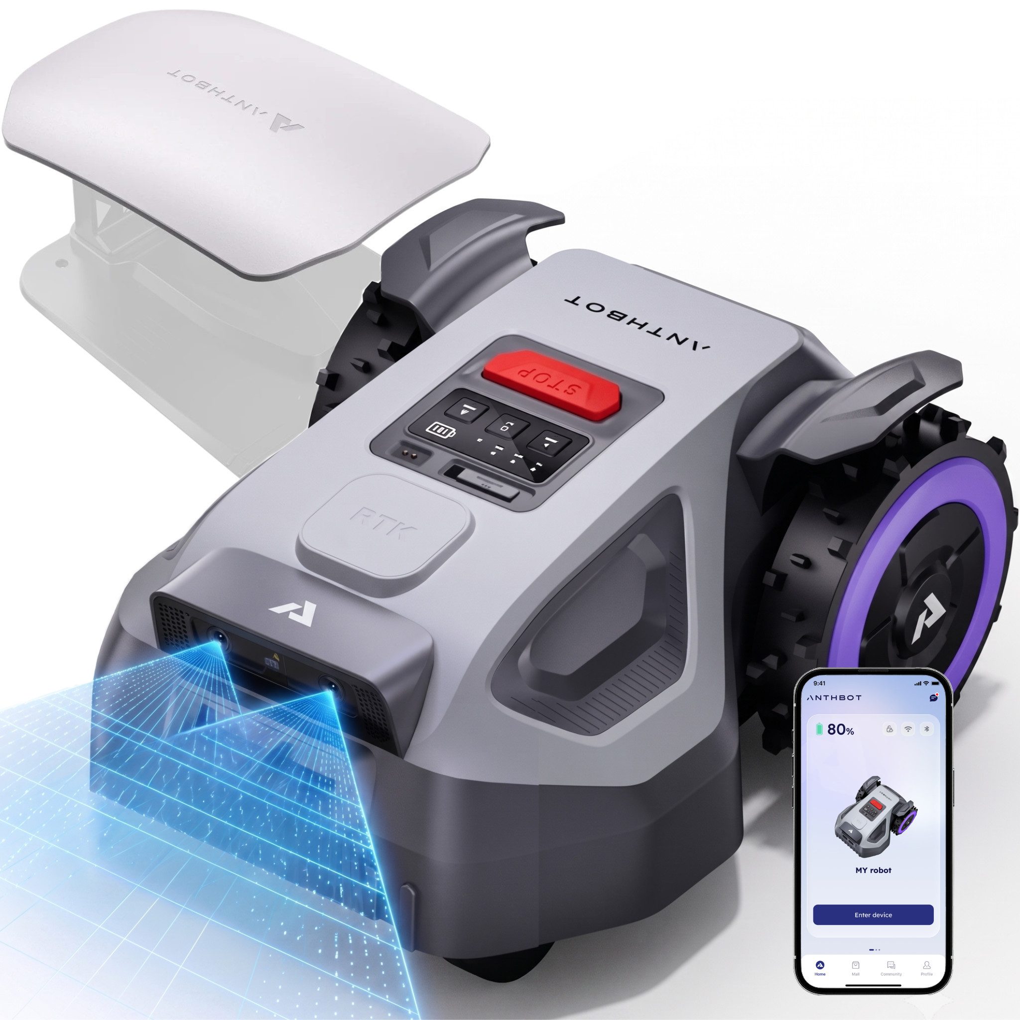 ANTHBOT Rasenmähroboter M5 Serie Ohne Begrenzungskabel mit RTK-Navigation & HDR-Dual-Vision, bis 700 m² Rasenfläche, (mit 4G-Modul, Schnitthöhe per App), Steigungen bis zu 45%, aktiver Tierschutz & KI-Hindernisvermeidung