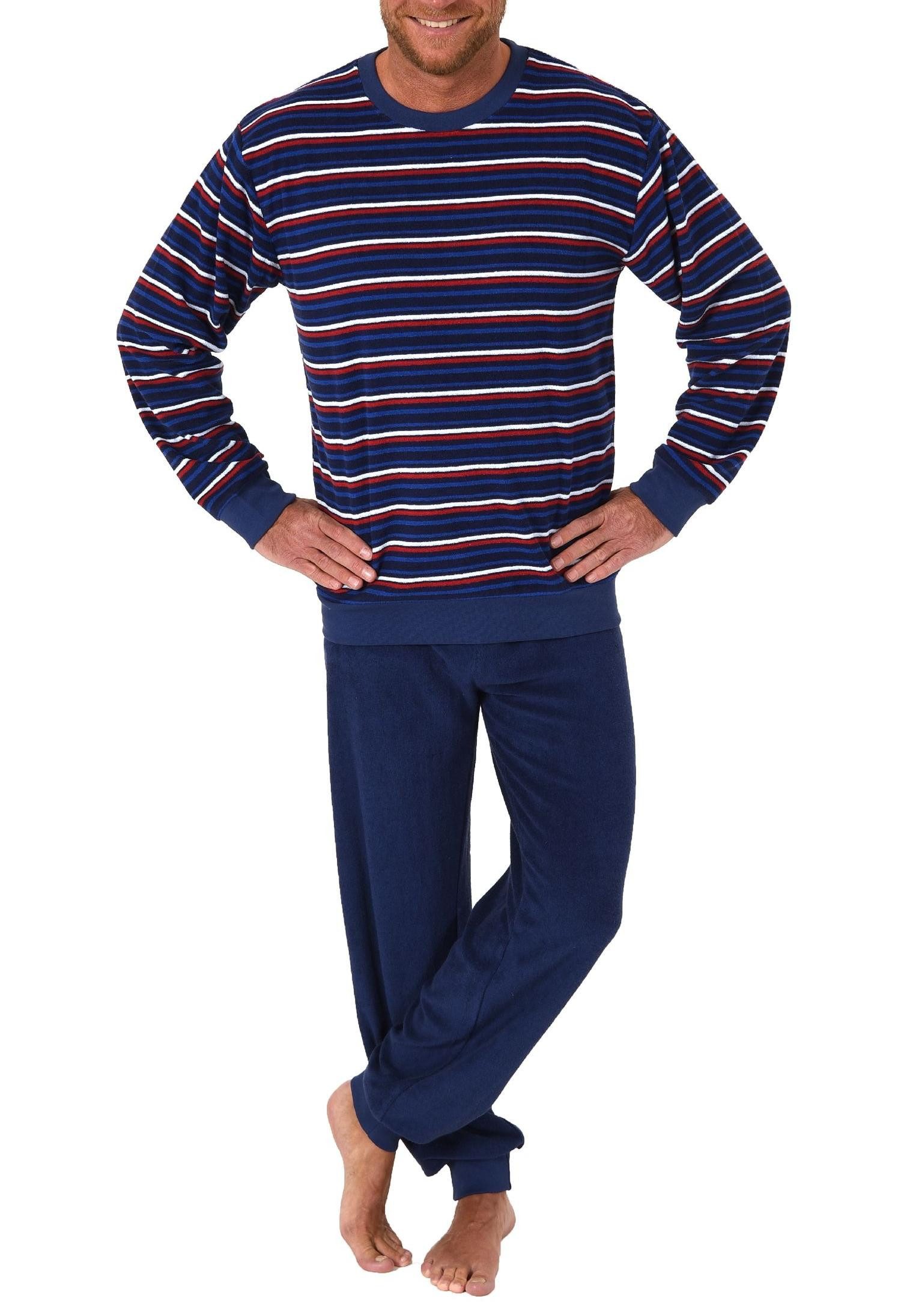 Normann Pyjama Herren Frottee Pyjama lang Schlafanzug mit Bündchen in Streifenoptik