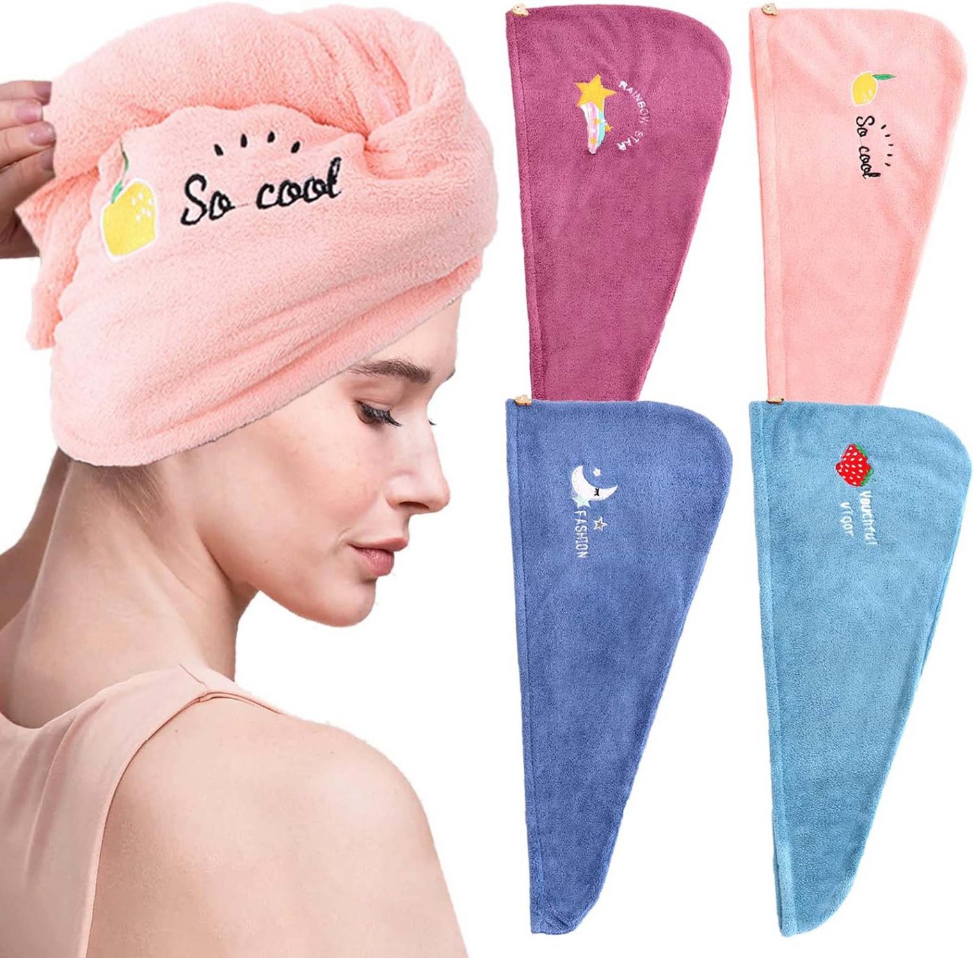 Bwecuy Turban-Handtuch Schnelltrocknendes Haarhandtuch für Damen mit Knopf, 4er Set, (4-St)