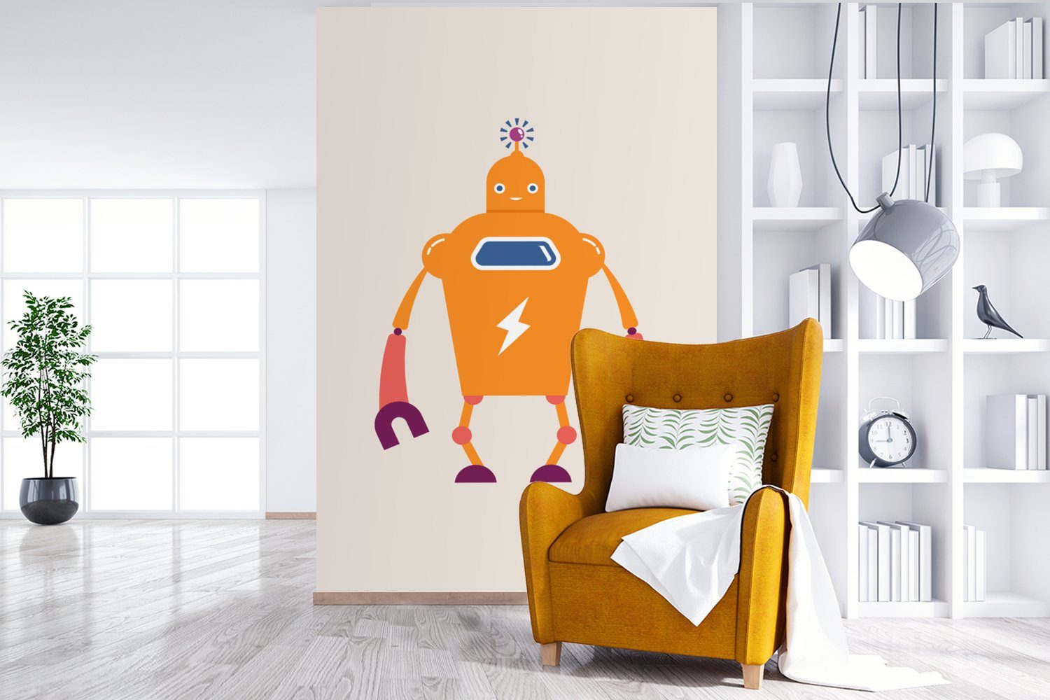 Roboter Kinder, Wohnzimmer, Fototapete Wandtapete - Antenne Junge - Montagefertig - - Matt, Orange Vinyl für - St), bedruckt, Blitzschlag Tapete MuchoWow (3