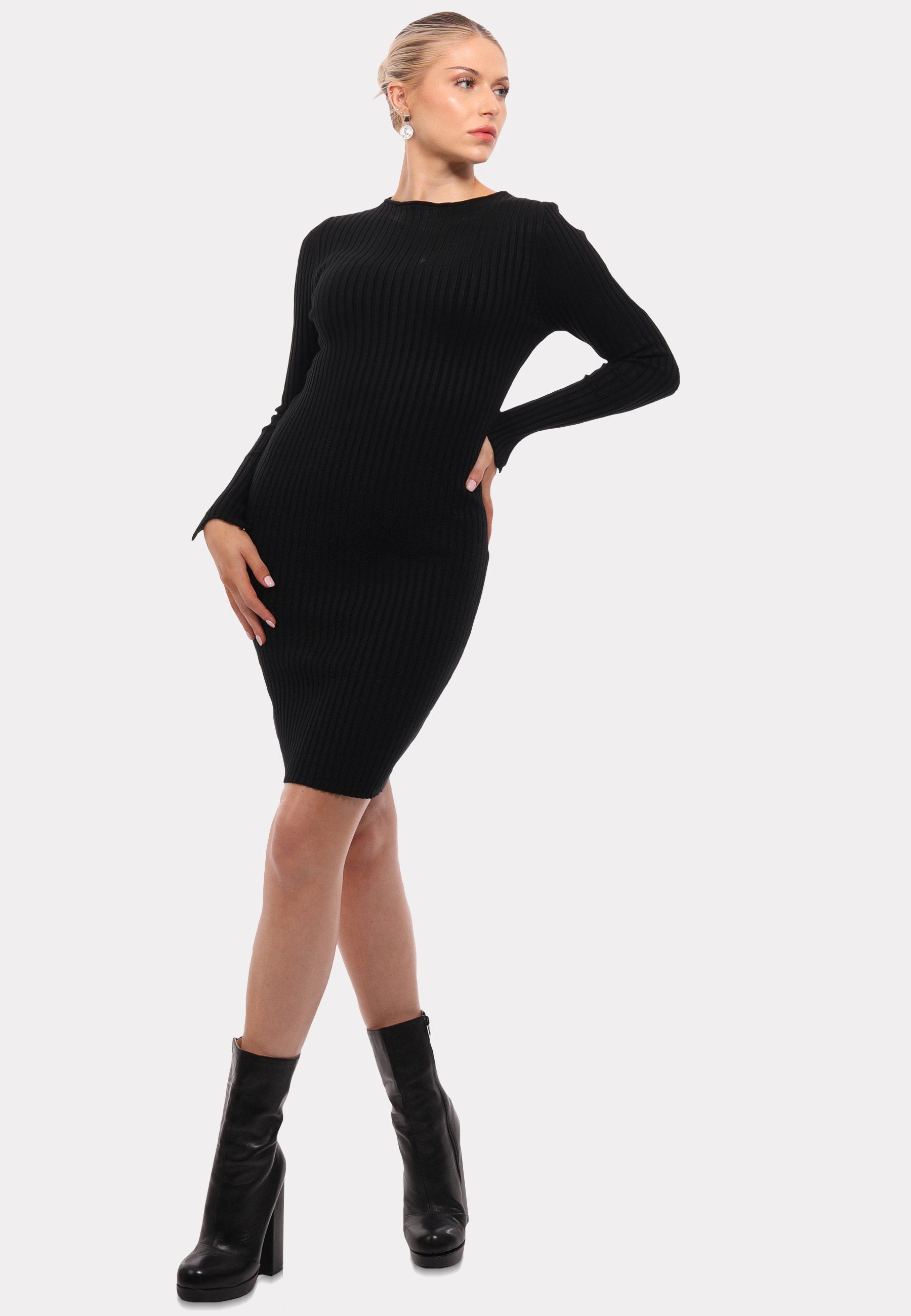Set) Fashion Langarm, Strickkleid (Kein in YC Unifarbe Strickkleid Style & Elegantes Schwarz