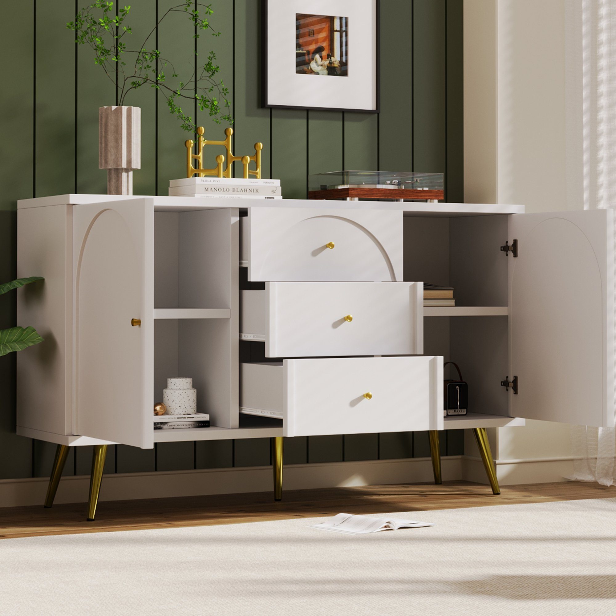 Odikalo Eckkommode Sideboard Lagerschrank 2 Türen 3 Schubladen Verstellbare Ablage Weiß