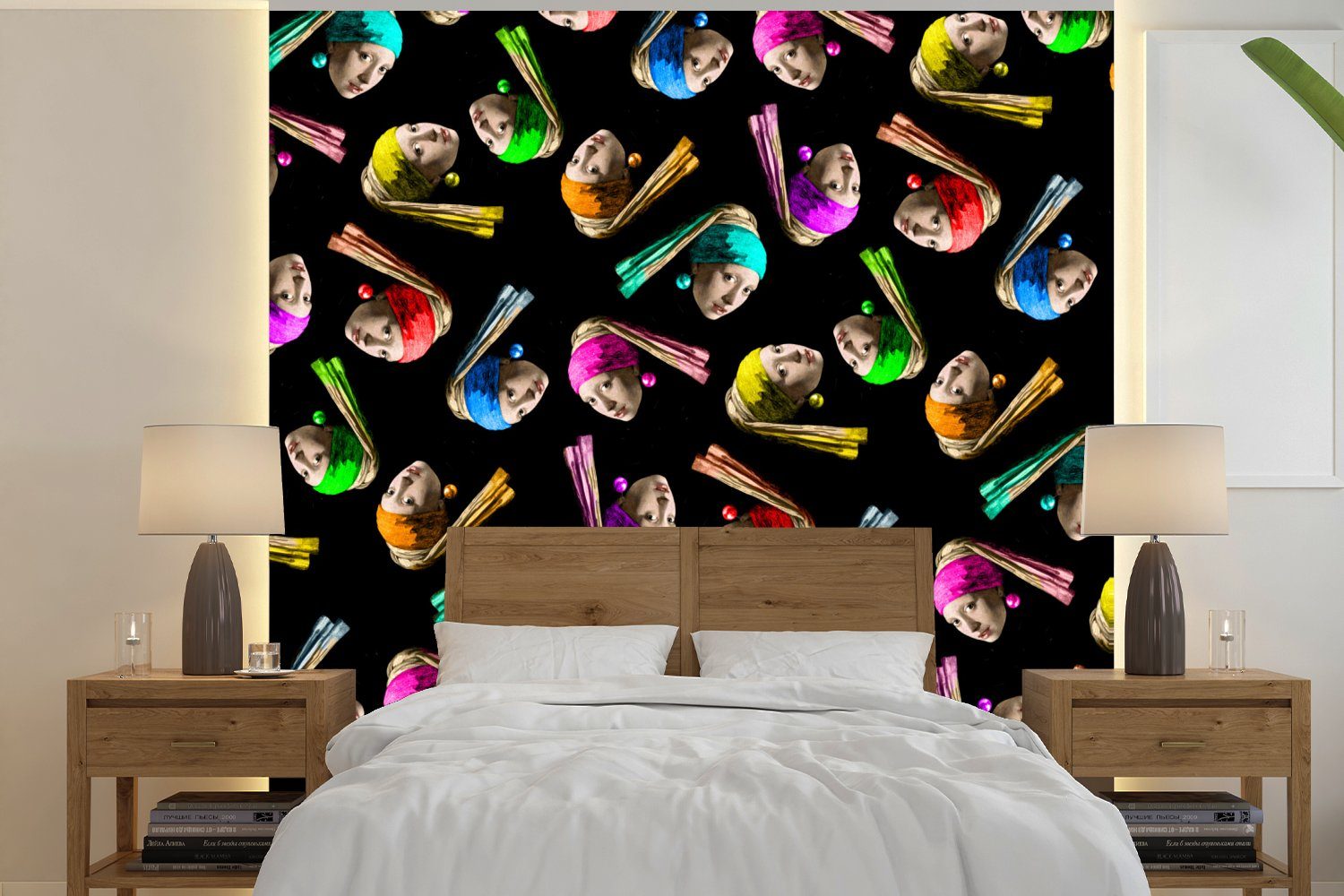 MuchoWow Fototapete Das mit - Schlafzimmer (4 Schnittmuster dem Küche, - Perlenohrring Fototapete Wohnzimmer Mädchen Vliestapete Matt, bedruckt, St), für Vermeer