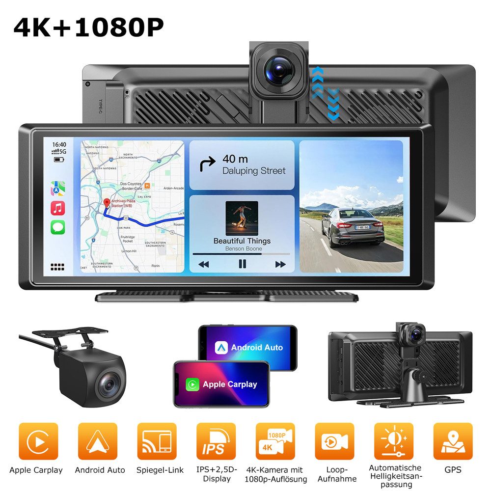 ESSGOO 4K 8,1-Zoll Wireless Apple Carplay Android Auto Vorne Rückfahrkamera Dashcam (Bluetooth, WiFi)
