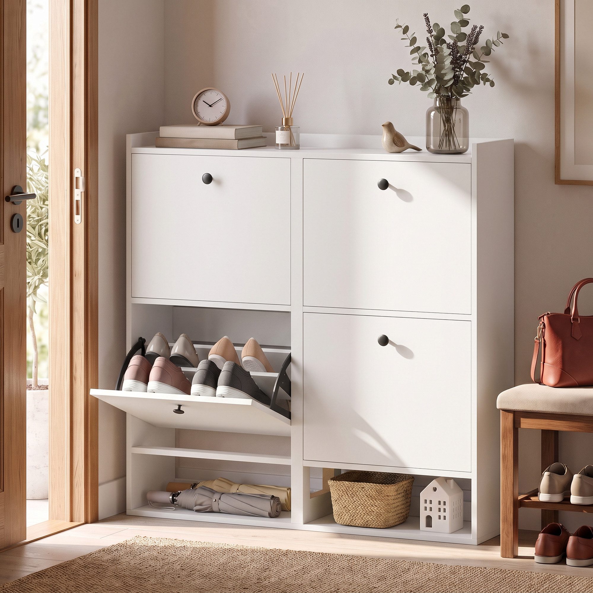 HOMCOM Schuhkipper Schuhschrank mit 4 Klappen (Schuhkipper, 1 St., 1 Schuhschrank), 4 Klappen, Platz für bis zu 16 Paar Schuhe