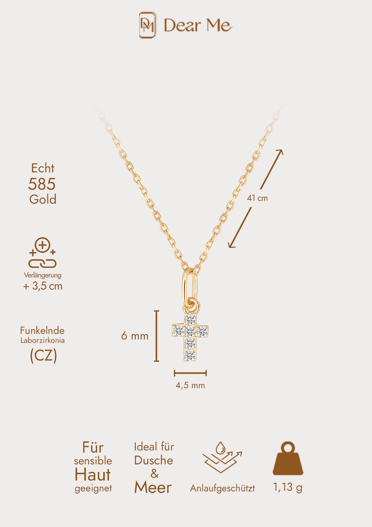 Dear Me Goldkette Zirkonia Kreuz für Damen, 585 Gelbgold/ Weißgold, 14 Karat Gold Halskette mit Anhänger Kristall, Echtgold Schmuck