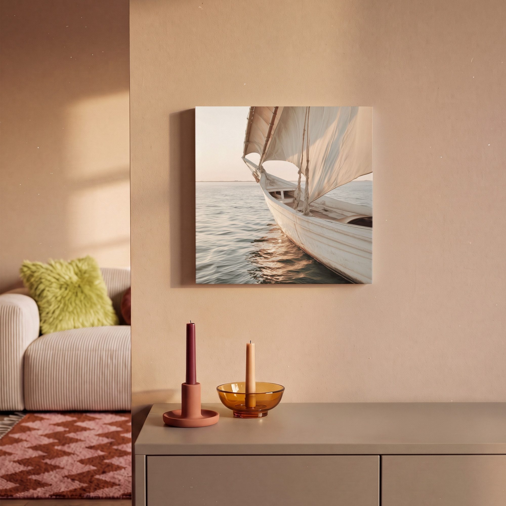 OneMillionCanvasses® Leinwandbild Segelboot - Meer - Beige - Sonne, Fotodruck (1 St), Wandbild, Deko Schlafzimmer Wohnzimmer Flur 20x20 cm – Bild 2 von 5