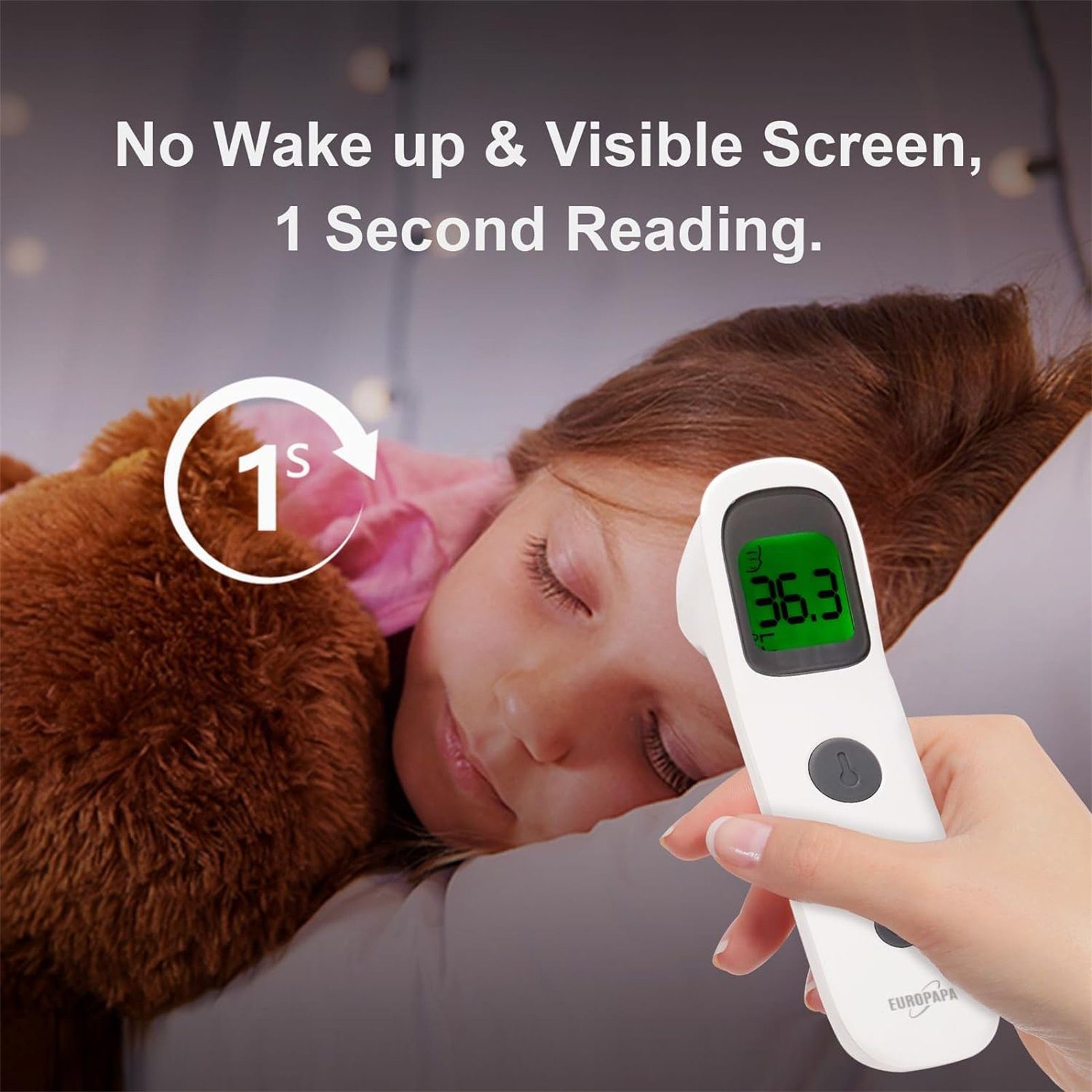 EUROPAPA Fieberthermometer Fieberthermometer für Baby Kinder Erwachsene, 1 x Fieberthermometer & 2 x AAA-Batterien im Lieferumfang enthalten, Stirnthermometer, Fieberalarm, °C/°F Schalter, 30-facher Messwertspeicher