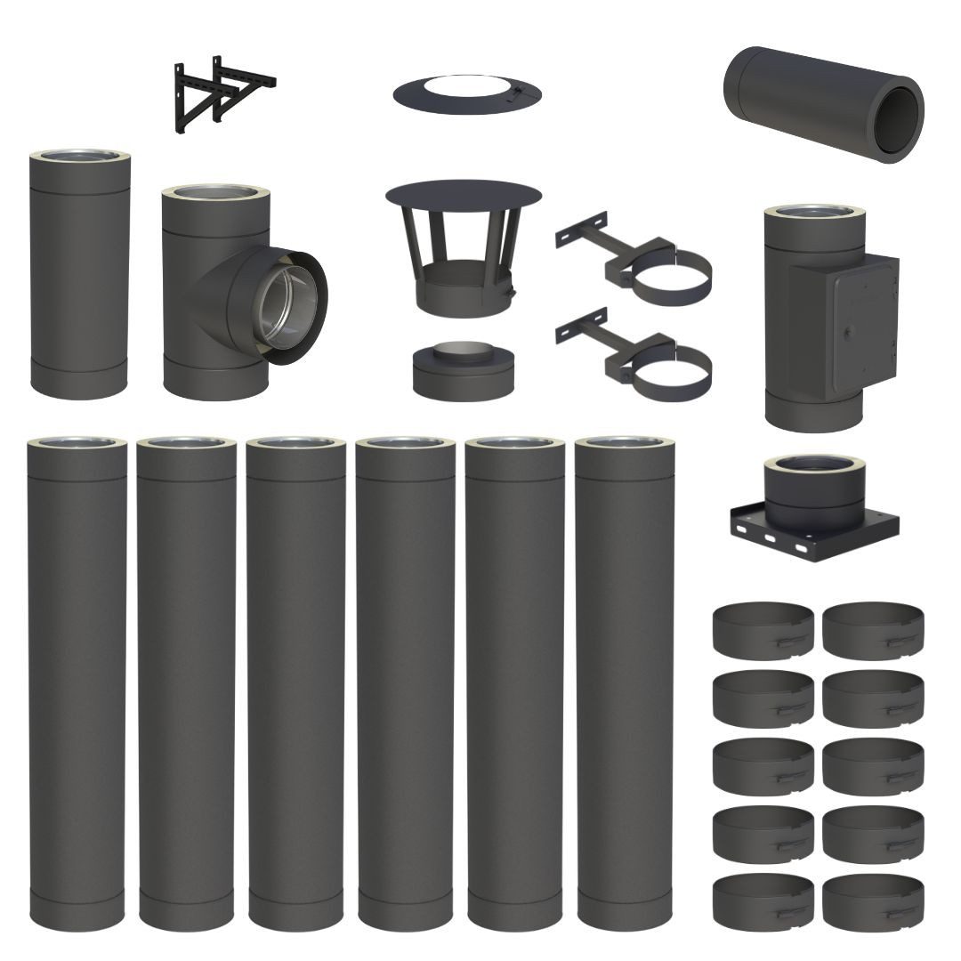 Jeremias Schornstein 7, 1 m EdelstahlSchornstein Ø150mm Komplettset DW DW-Black Wandmontage, Ø 150 mm