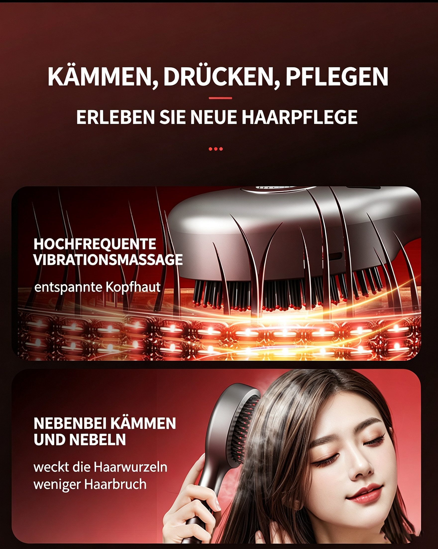Vornix Massagegerät Elektrische Kopfhaut Massagebürste mit Rotlicht,Vibrationsmassage, Vibrationsmassage & Sprühfunktion, Haarpflege Bürste mit 105 Borsten und  – Bild 2 von 5
