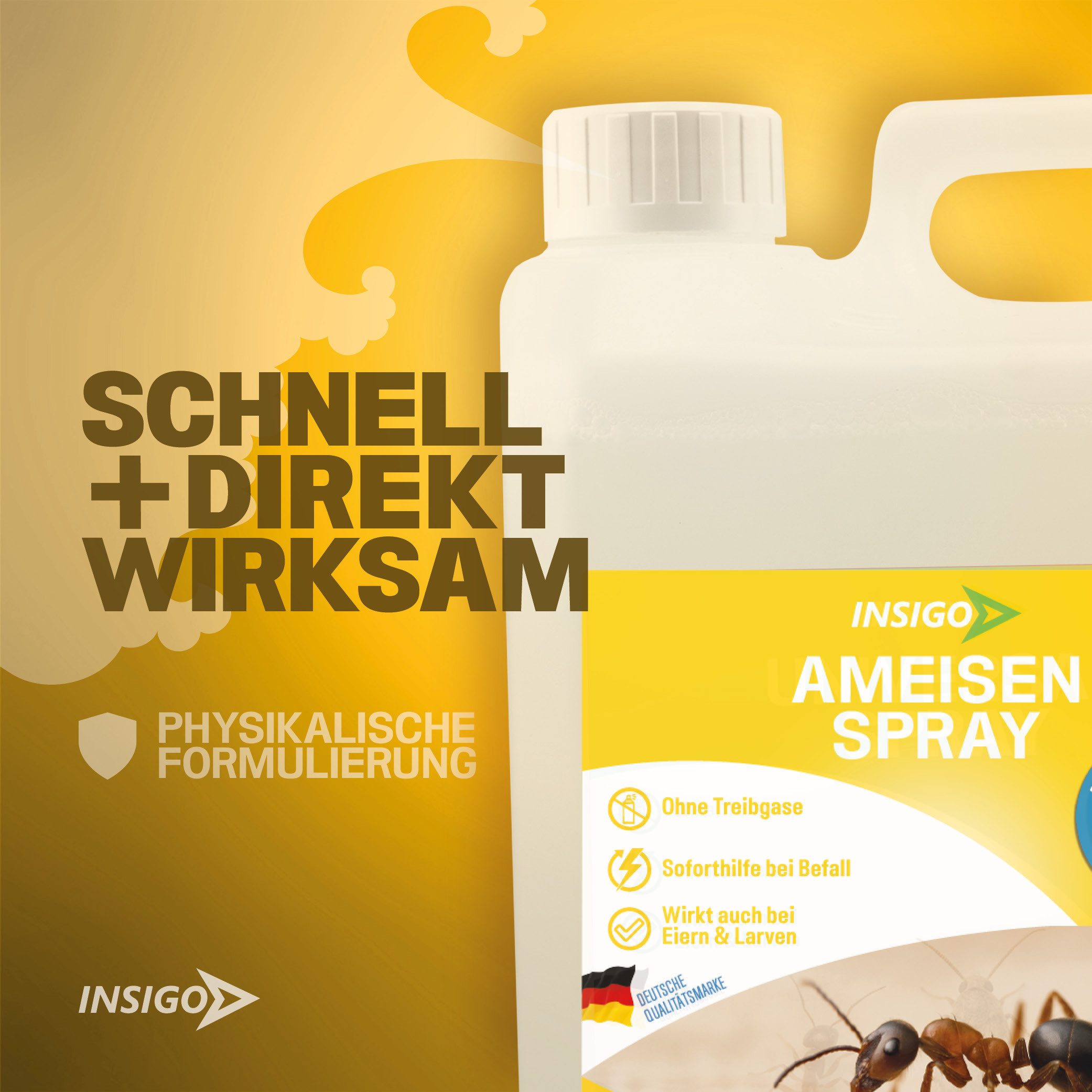 INSIGO Insektenspray Ameisen Spray gegen Ameisen, Larven & Eier, 2 l, 2000 ml, 1-St., biozidfreie Formel, auf Wasserbasis, geruchsarm, brennt / ätzt nicht