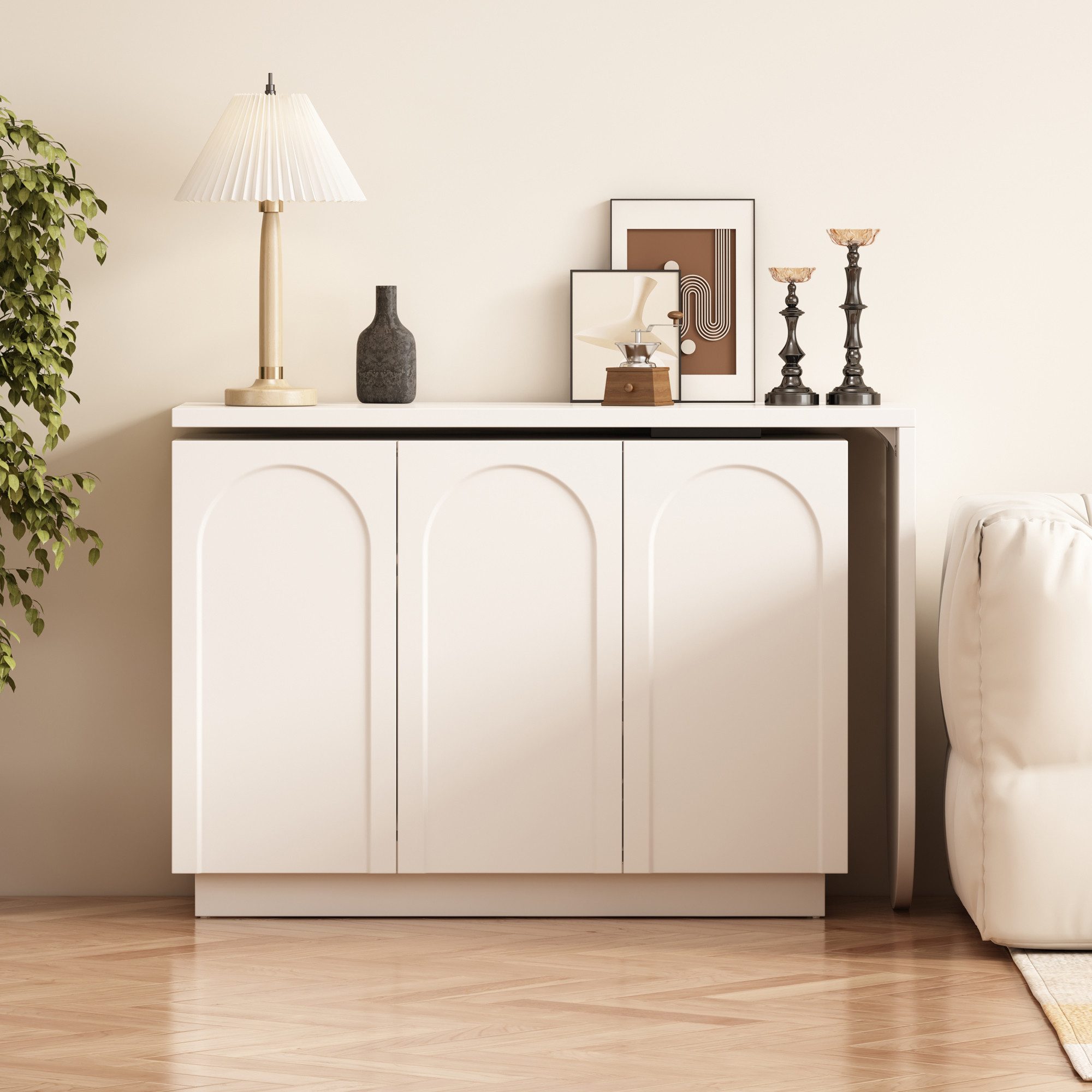 Flieks Kommode mit 360° drehbar Tisch weiß (B110-170/T40/H75cm, 1 St., mit verstellbarer Ablage), Schminktisch Eckschreibtisch Sideboard mit Stauraum, Breite 110/170 cm